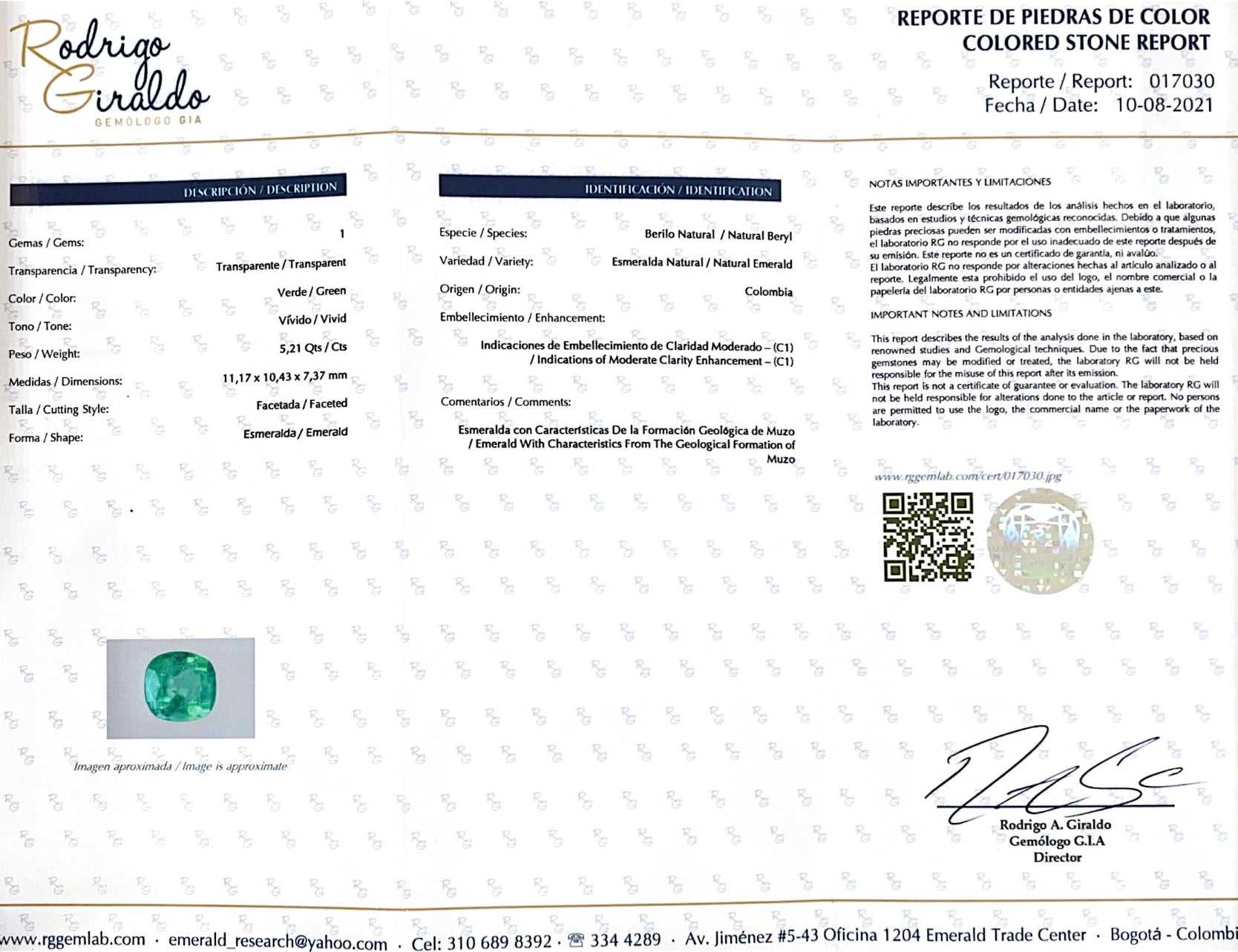 5.21 Carat Certified 11x10.5 Fine Yellowish Green Natural Loose Colomb