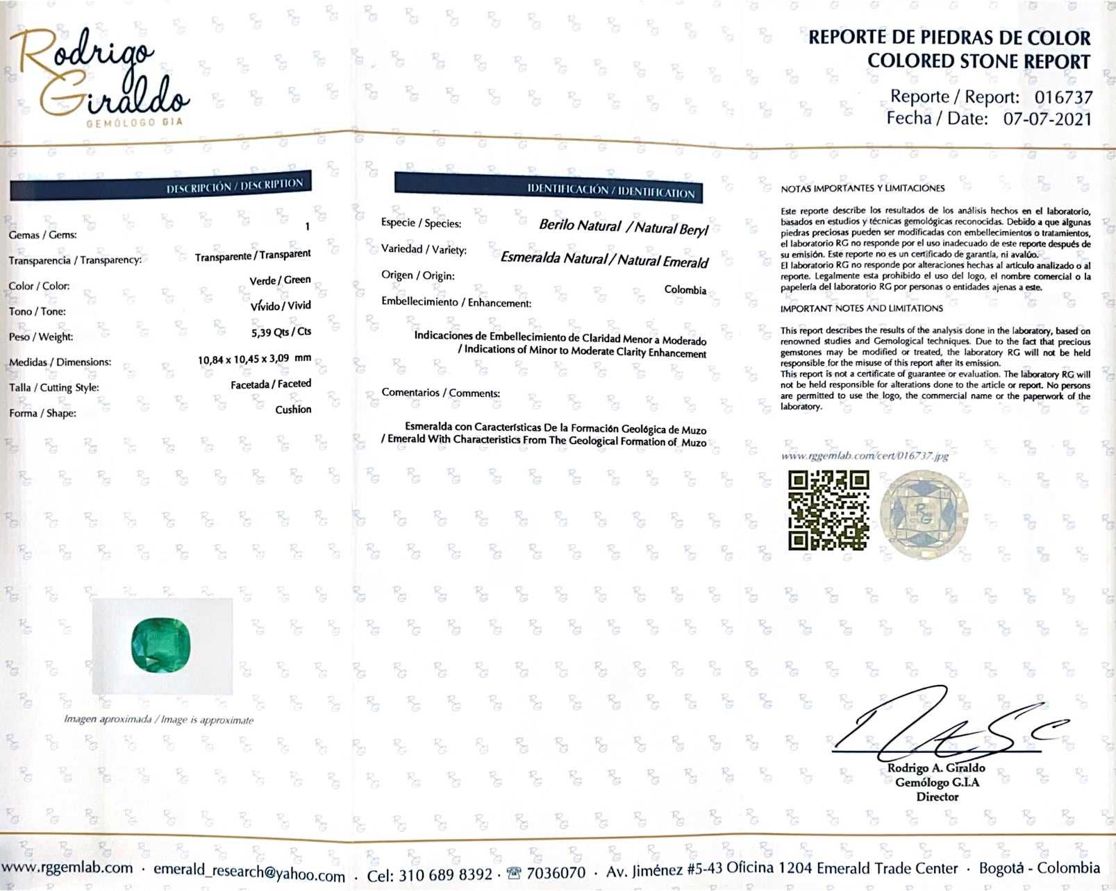 5.39 Carat Minor to Moderate Oil Intense Muzo Green Natural Loose Colo