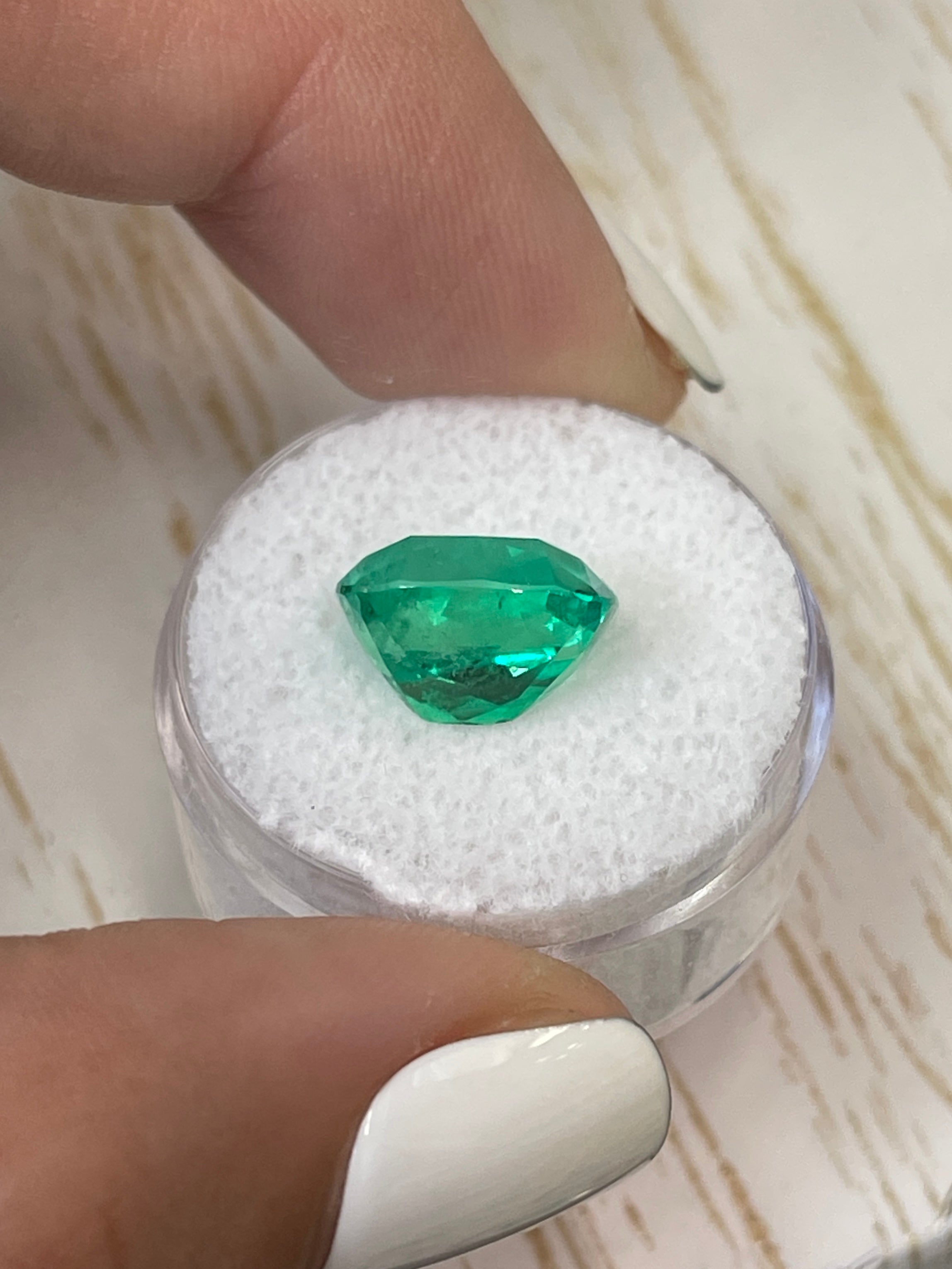 Natural 12x10.4mm Colombian emerald loose gemstone, cushion cut, intense green, 6.17 carats, minor to moderate oil inclusion, JR Colombian Emeralds
