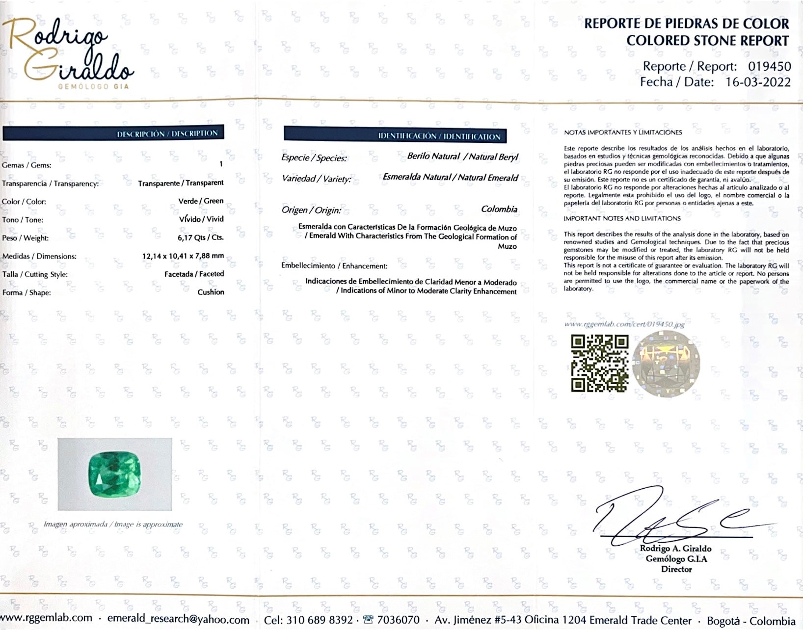 Natural loose Colombian emerald cushion cut, 6.17 carats, intense green, minor to moderate oil, from JR Colombian Emeralds.