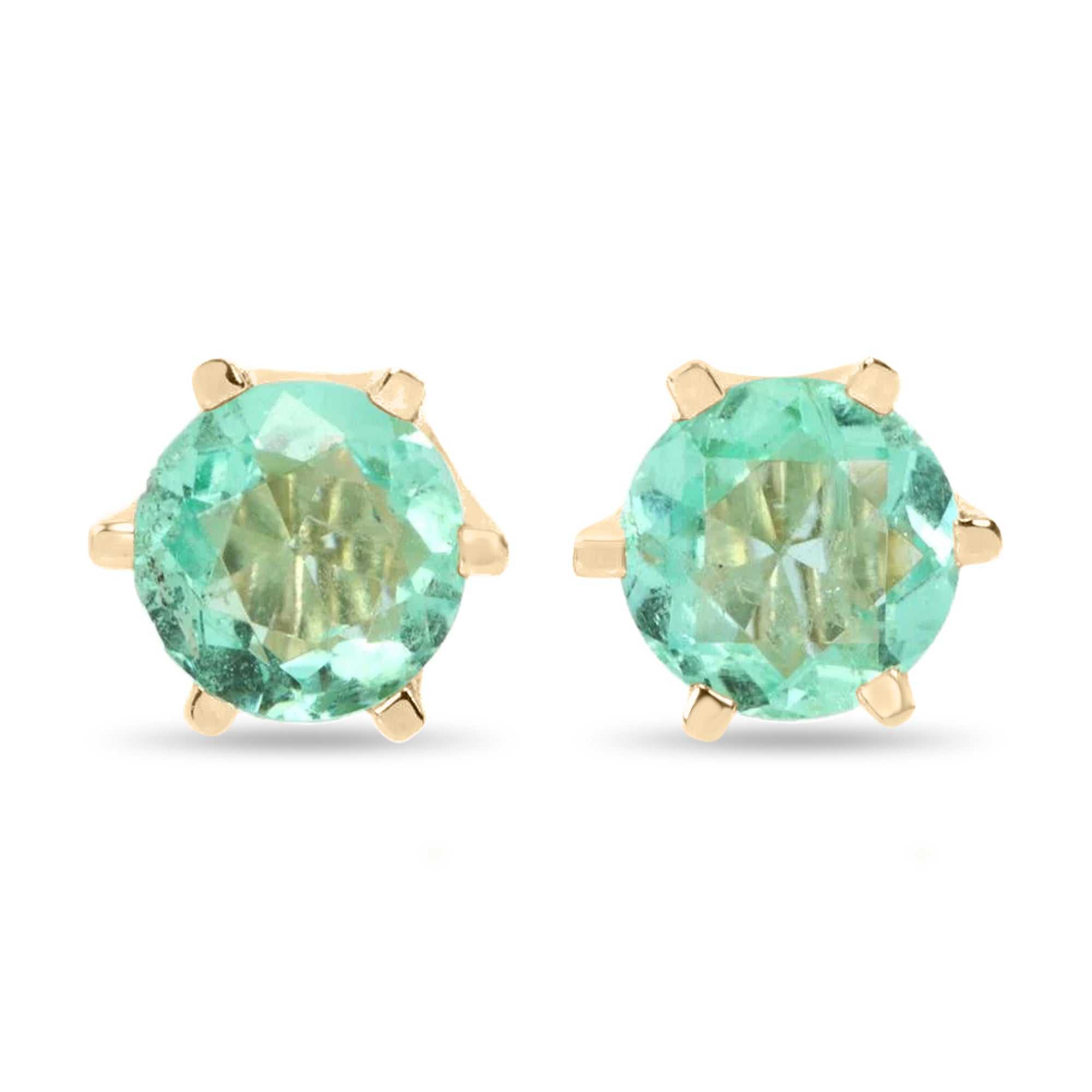 JR Colombian Emeralds 1.56tcw round green emerald earrings in 14K gold with six-prong setting, bright and rich green gemstones.