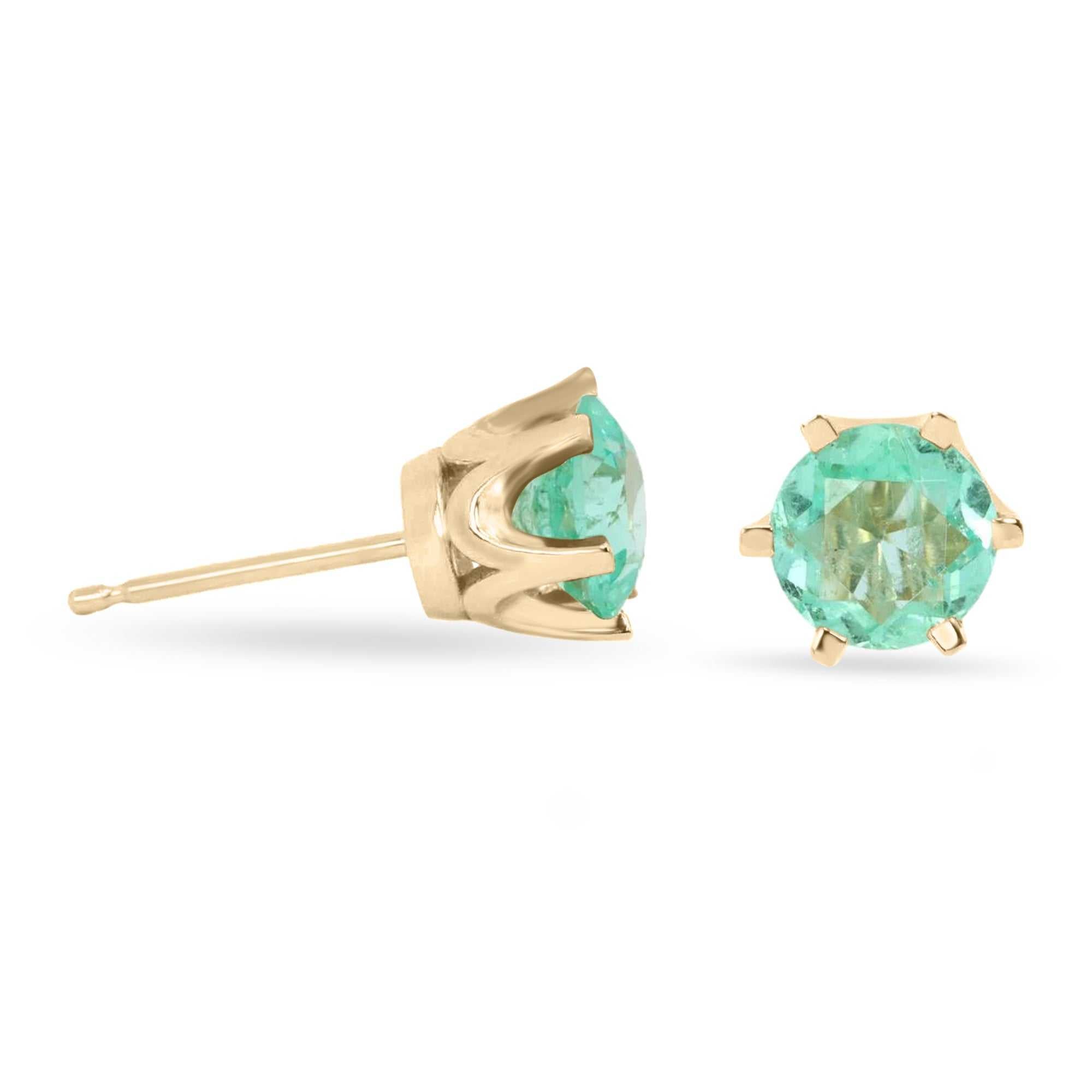 JR Colombian Emeralds 1.56tcw round green emerald earrings in 14K yellow gold with six-prong setting and bright, rich green stones.