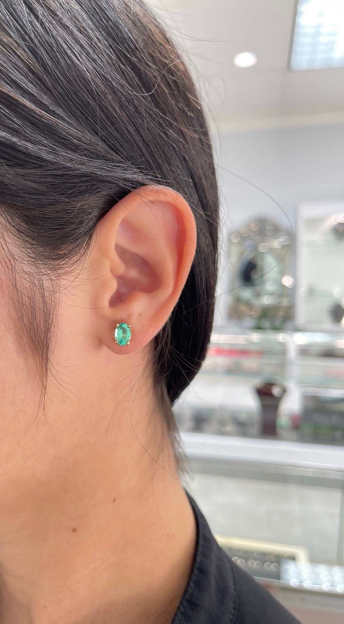 1.95tcw Natural Oval Emerald & Diamond Hidden Halo Stud Earrings 14K