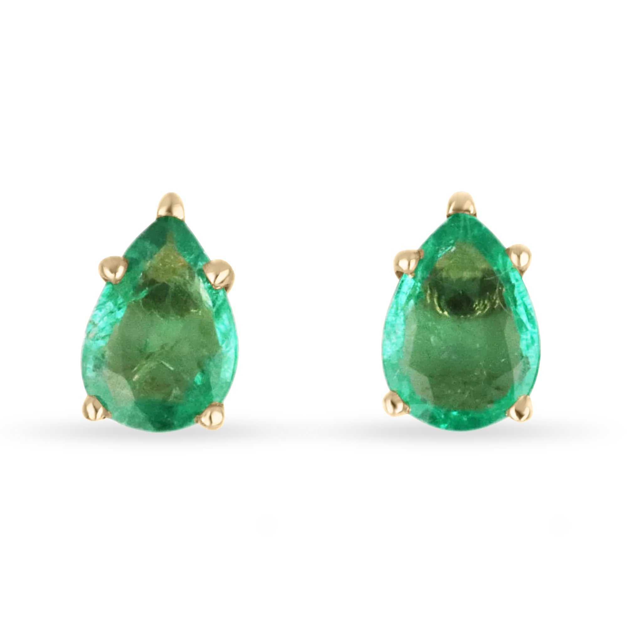 Natural pear cut emerald stud earrings in rich green, set in 14K yellow gold, 2.08 carats from JR Colombian Emeralds.