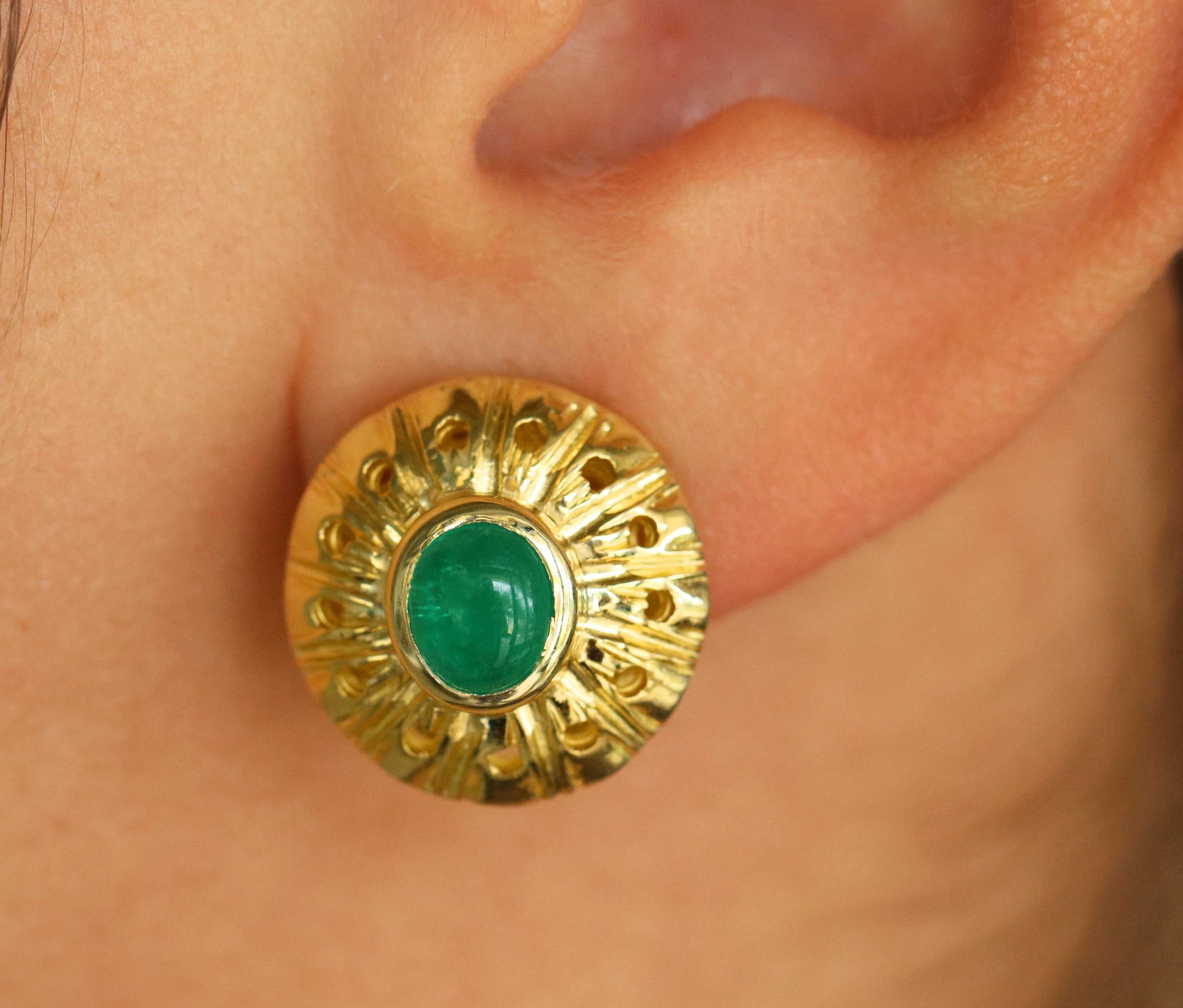 High-quality 3.10tcw natural emerald cabochon omega earrings in 14K yellow gold by JR Colombian Emeralds.