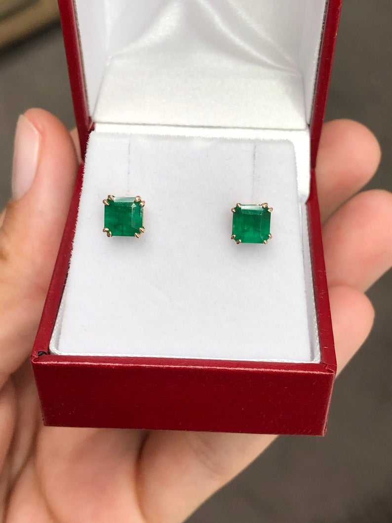 Rose gold double prong earrings with natural emeralds, 1.52tcw, from JR Colombian Emeralds, featuring elegant gemstone design.