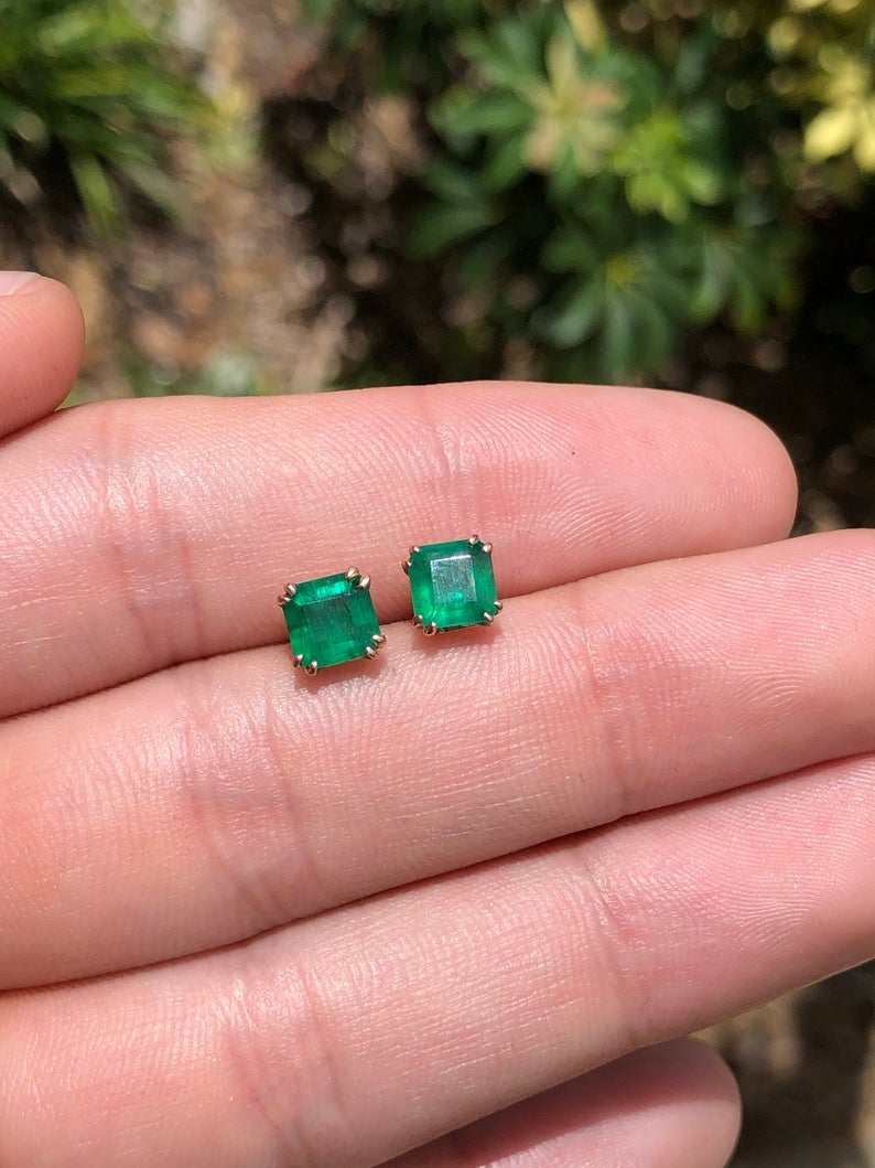 Rose gold double prong emerald earrings with natural green emeralds, 14K gold setting, by JR Colombian Emeralds.
