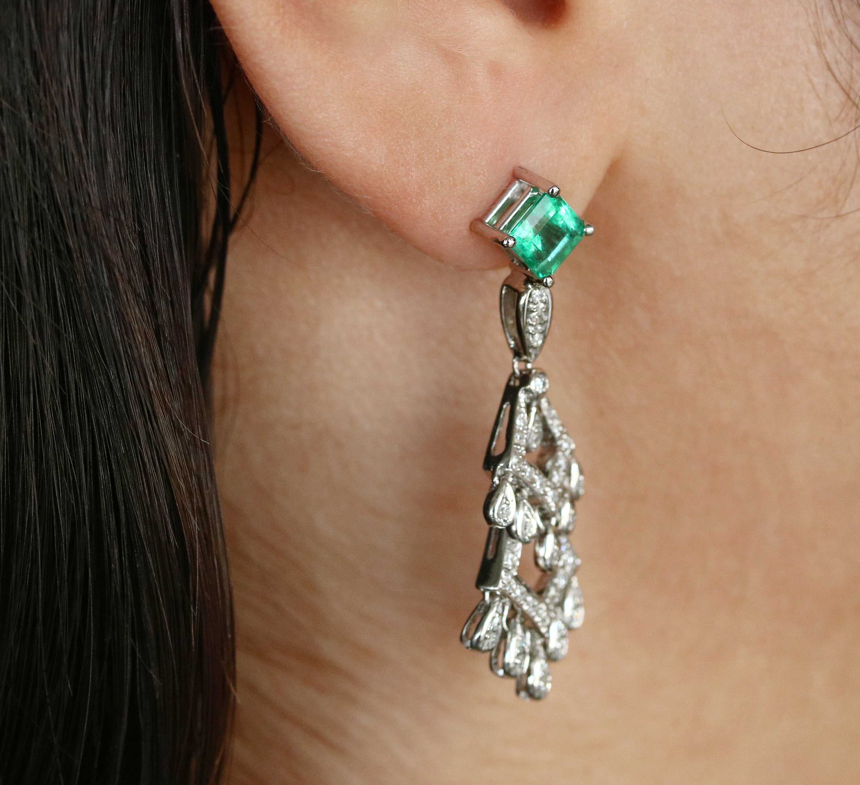 2.75tcw Emerald & Diamond Chandelier Dangle Earrings 14K