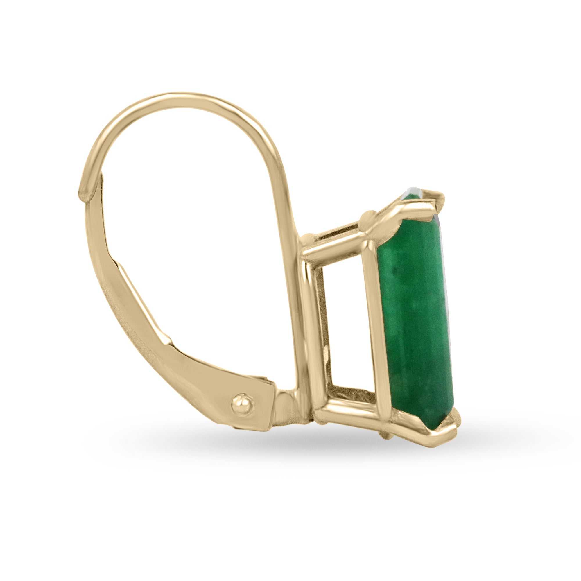 Dark green natural emerald lever-back dangle earrings with 3.43 carats, crafted in 14K gold by JR Colombian Emeralds.