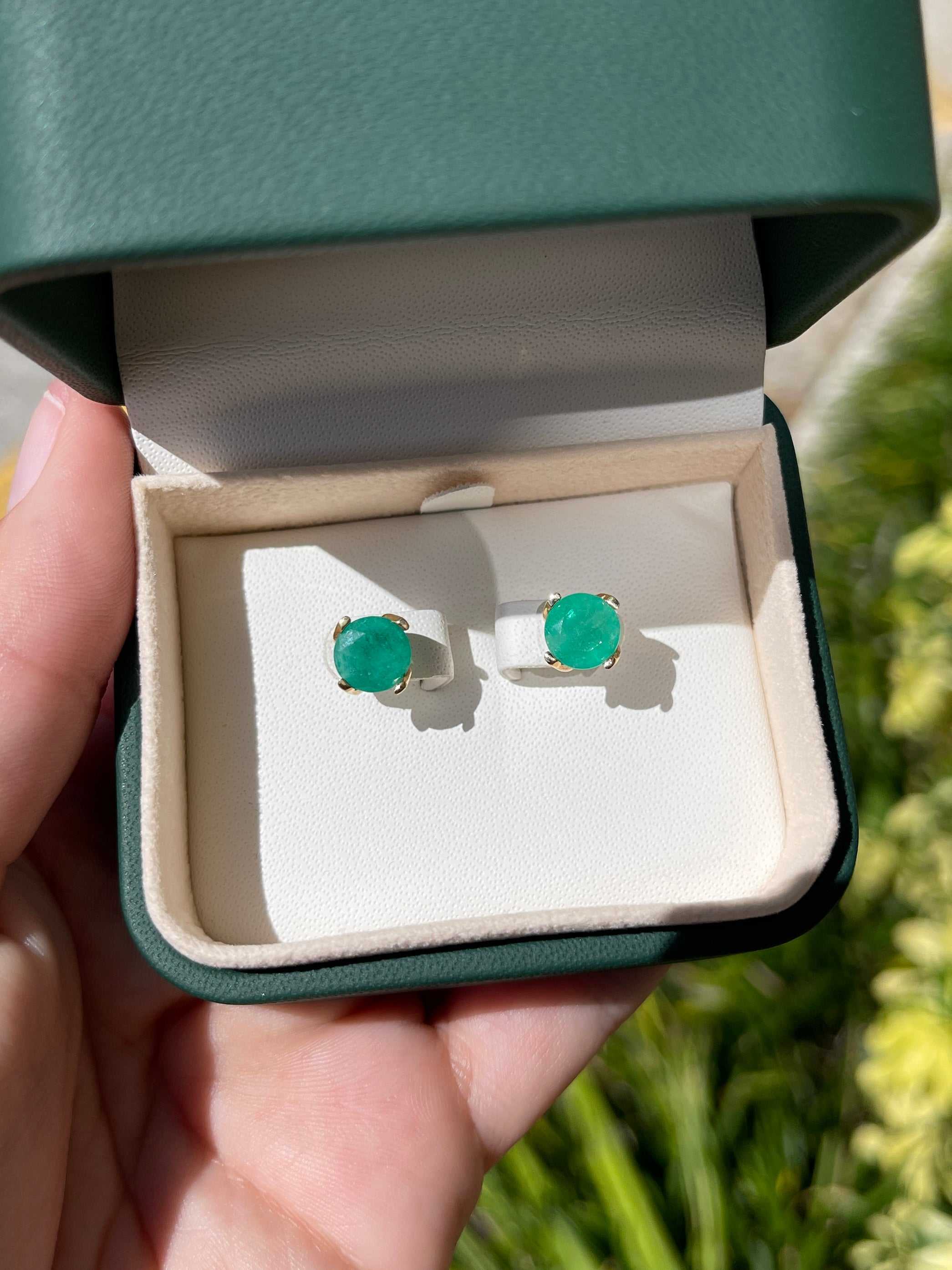 14K gold emerald stud earrings featuring round classic basket-set emeralds, totaling 3.75 carats, from JR Colombian Emeralds.