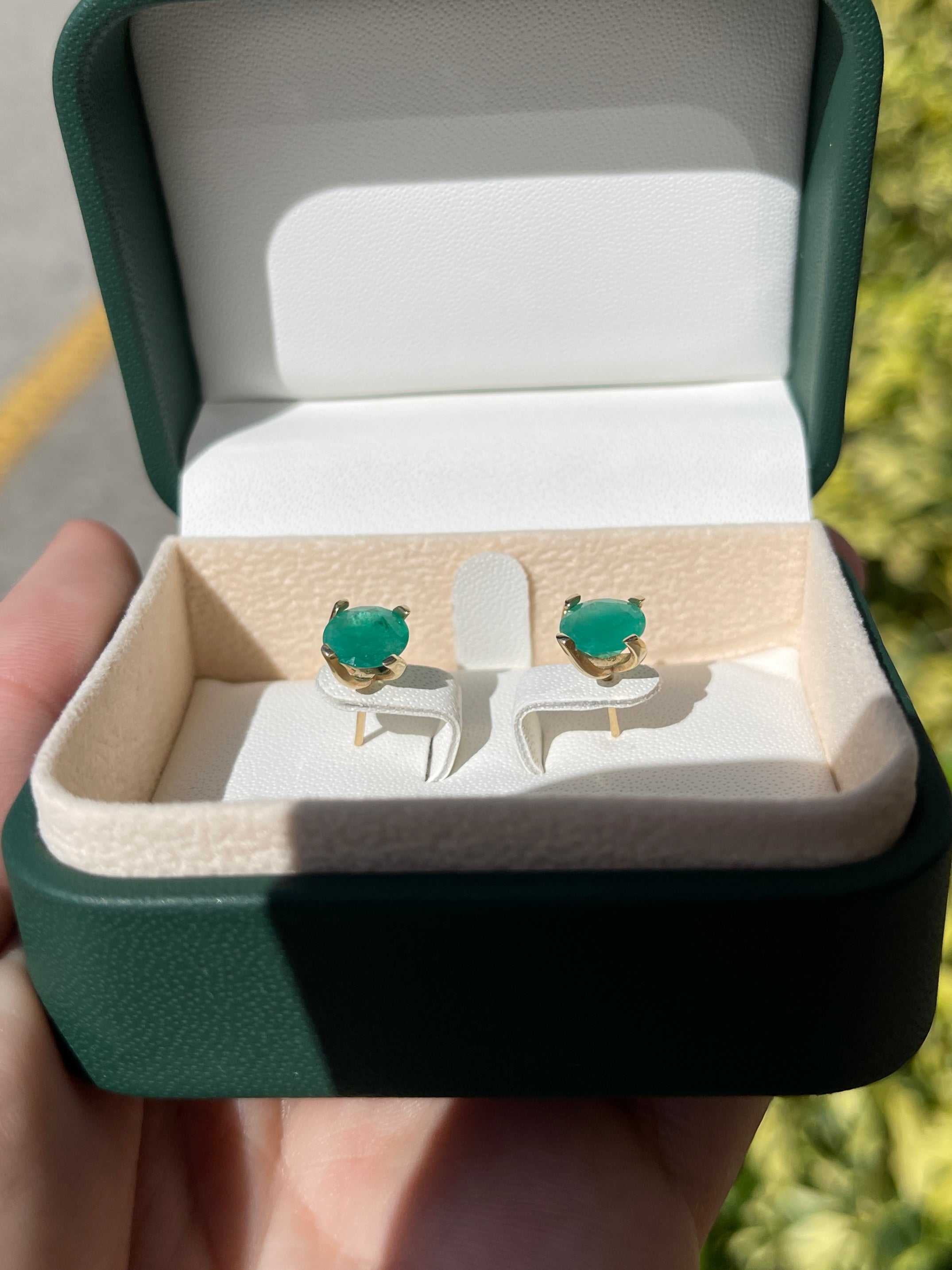 Round 3.75tcw emerald stud earrings in 14K gold with basket setting, crafted by JR Colombian Emeralds.