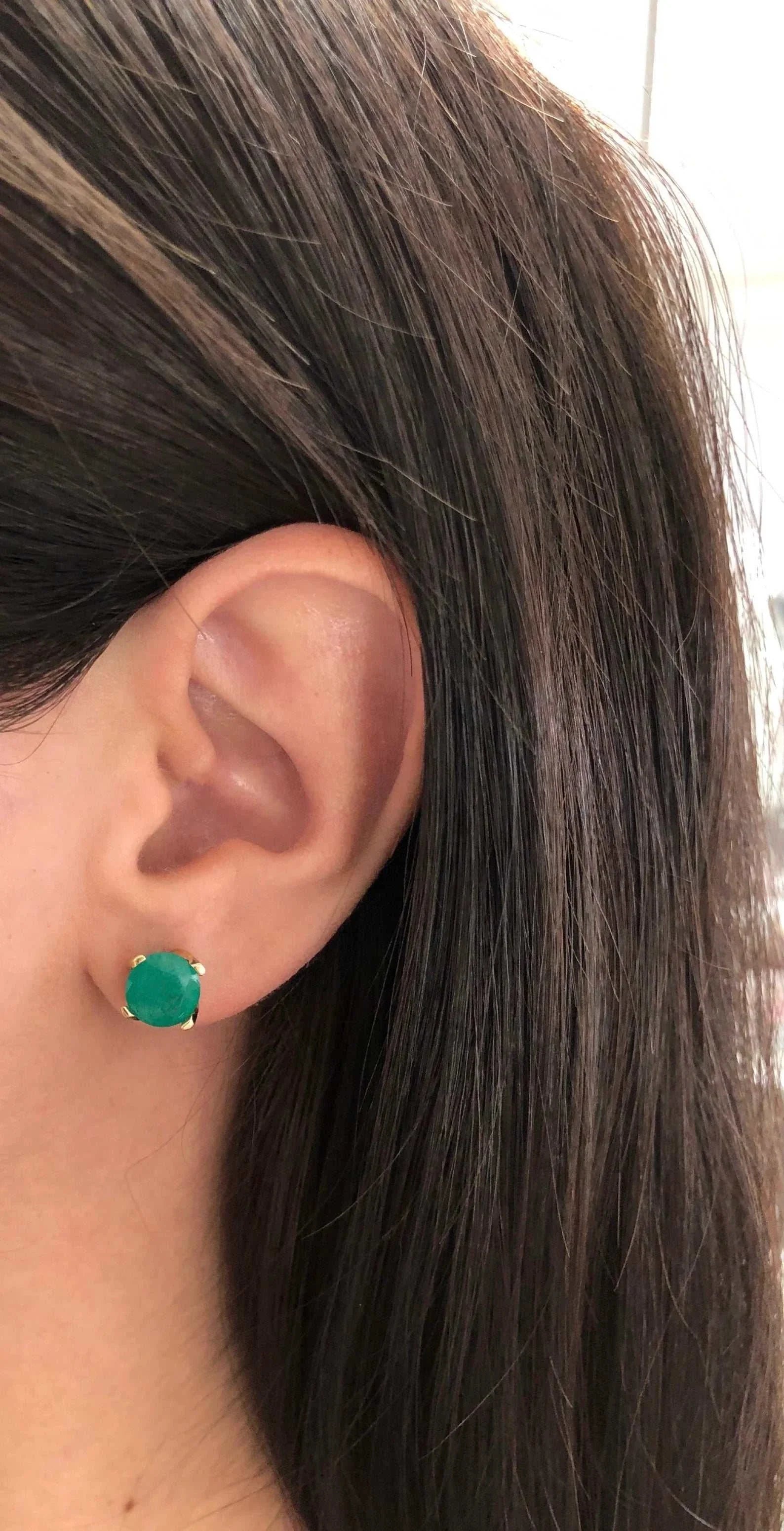 JR Colombian Emeralds 3.75tcw round classic stud basket earrings in 14K gold featuring vibrant green emeralds.