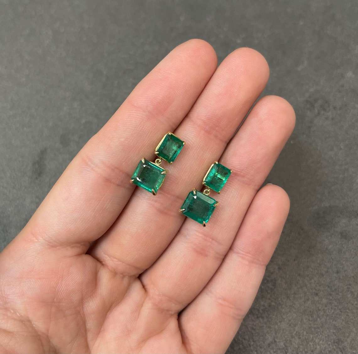Dark green emerald dangle drop earrings by JR Colombian Emeralds, 14K gold with 6.0tcw Natura emeralds.