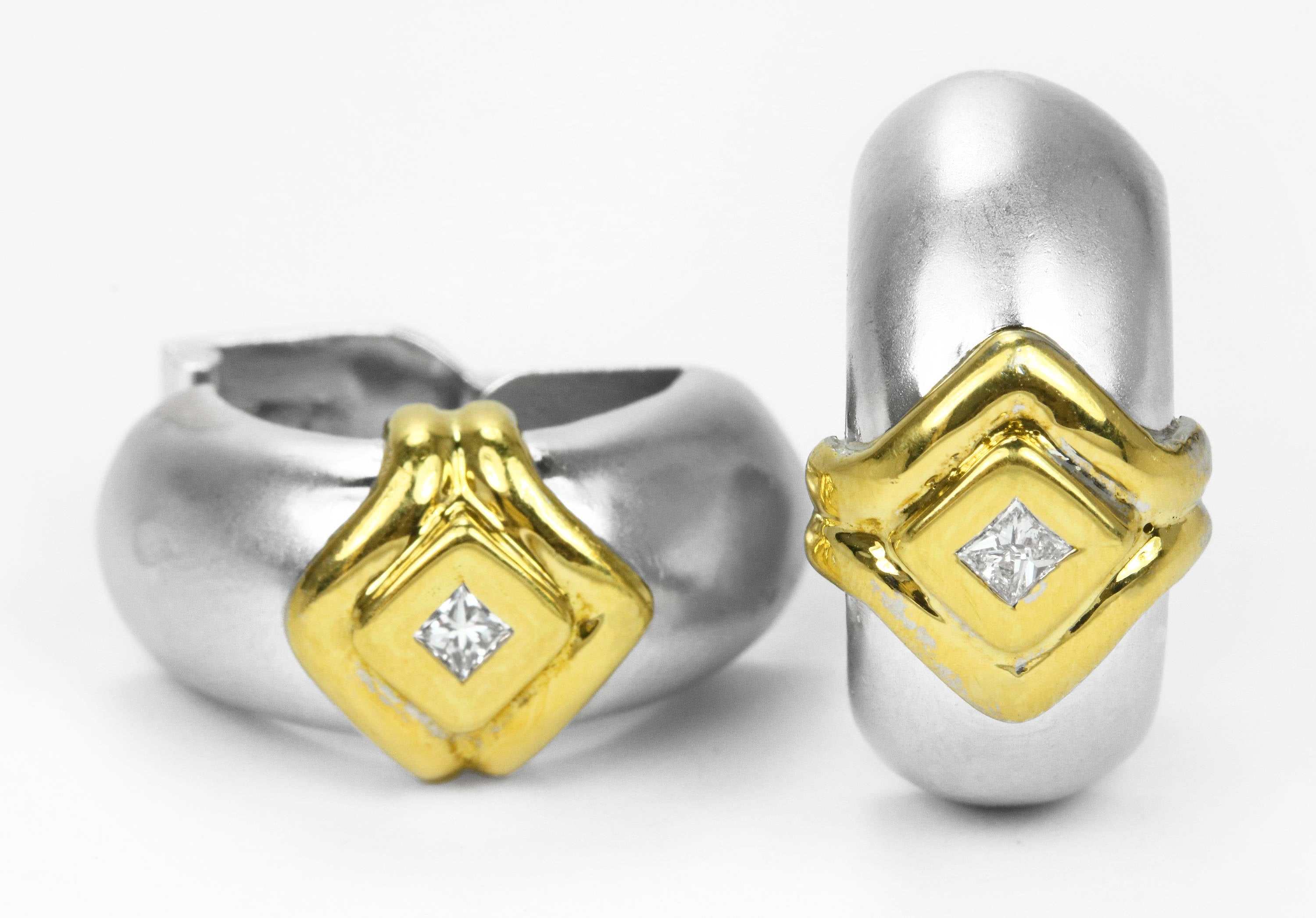 Omega Matte Huggie Earrings Princess Cut Diamond Two Toned 18K