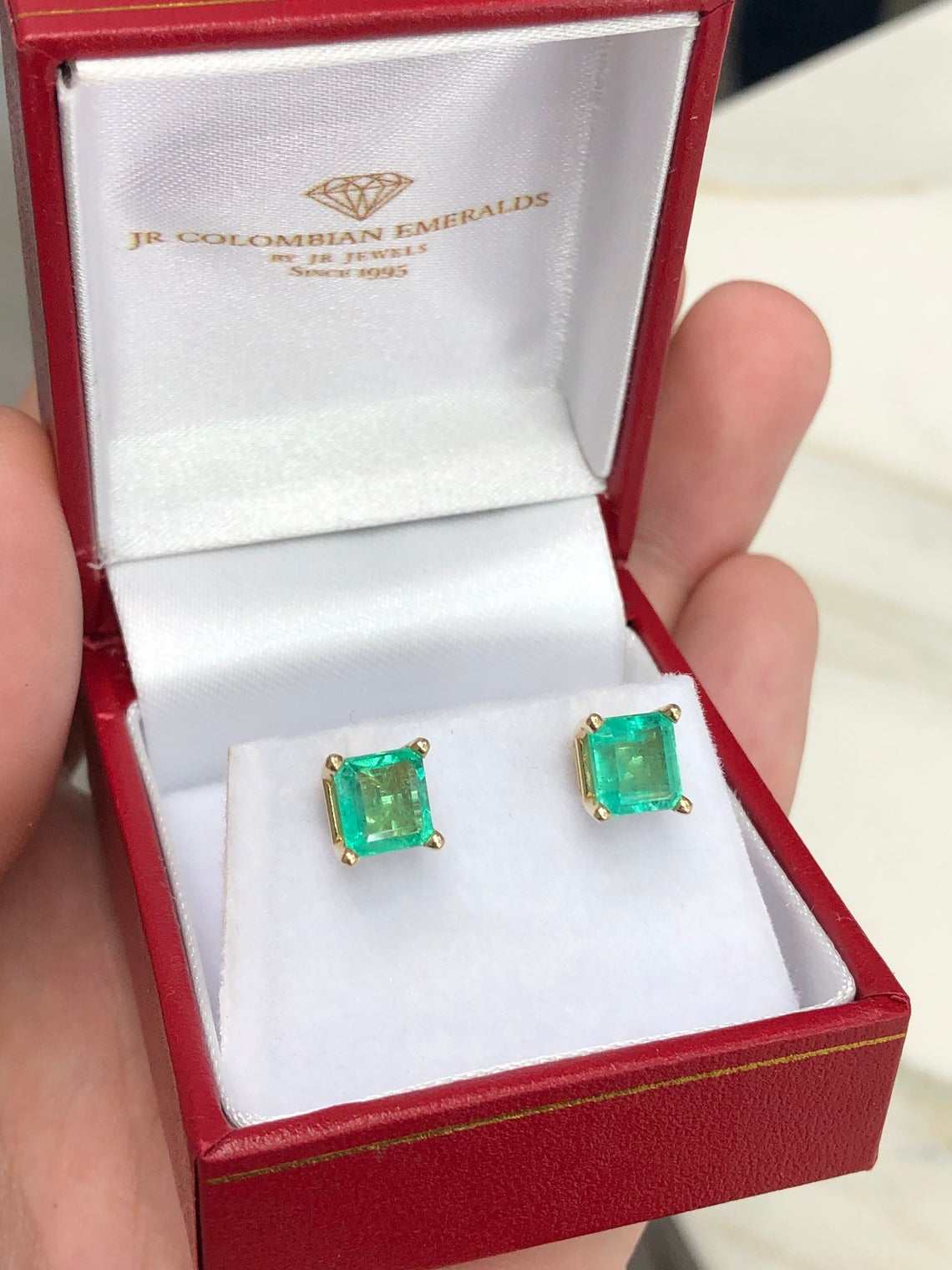 Asscher shape medium green emerald earrings by JR Colombian Emeralds, 14K white gold with screw-back closure, 2.0tcw certified.