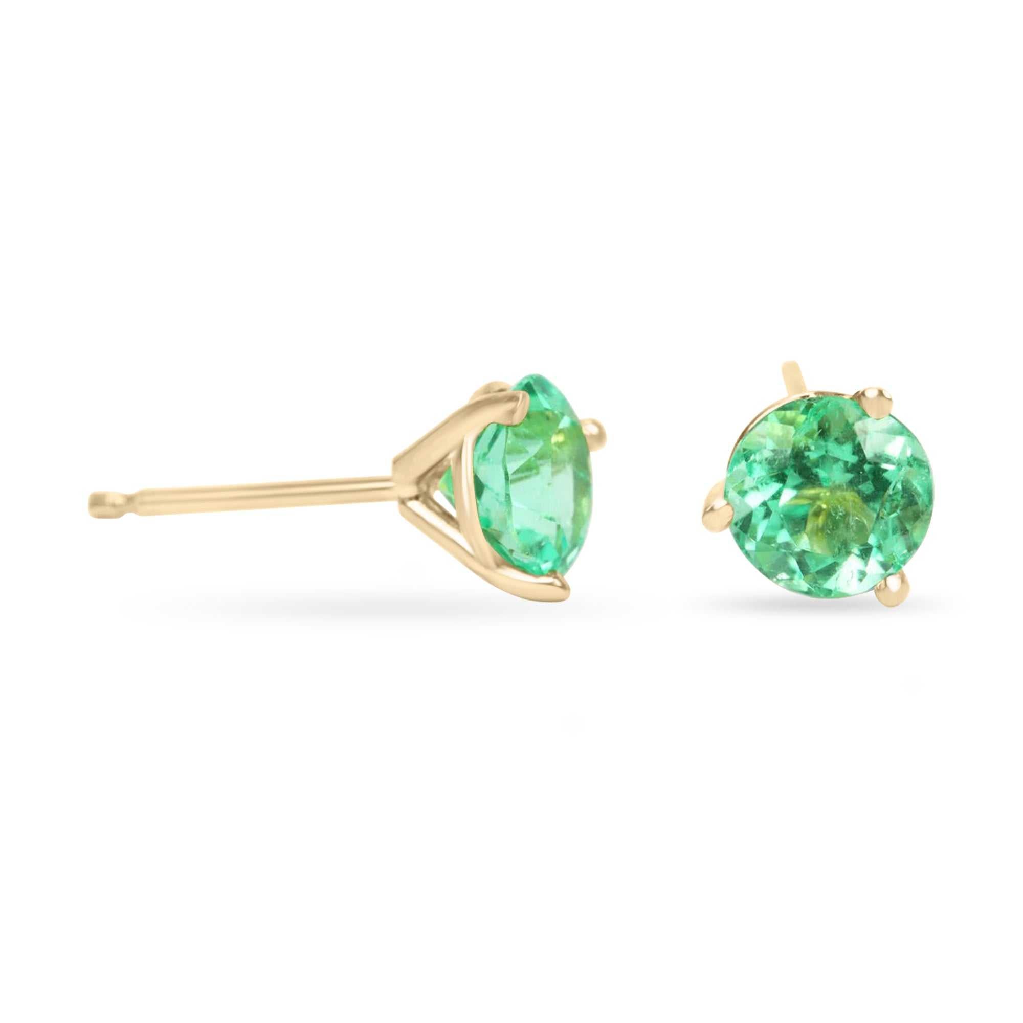 1.50tcw Vibrant Green Emerald Round Martini Stud Earrings 14K - JR Colombian Emeralds