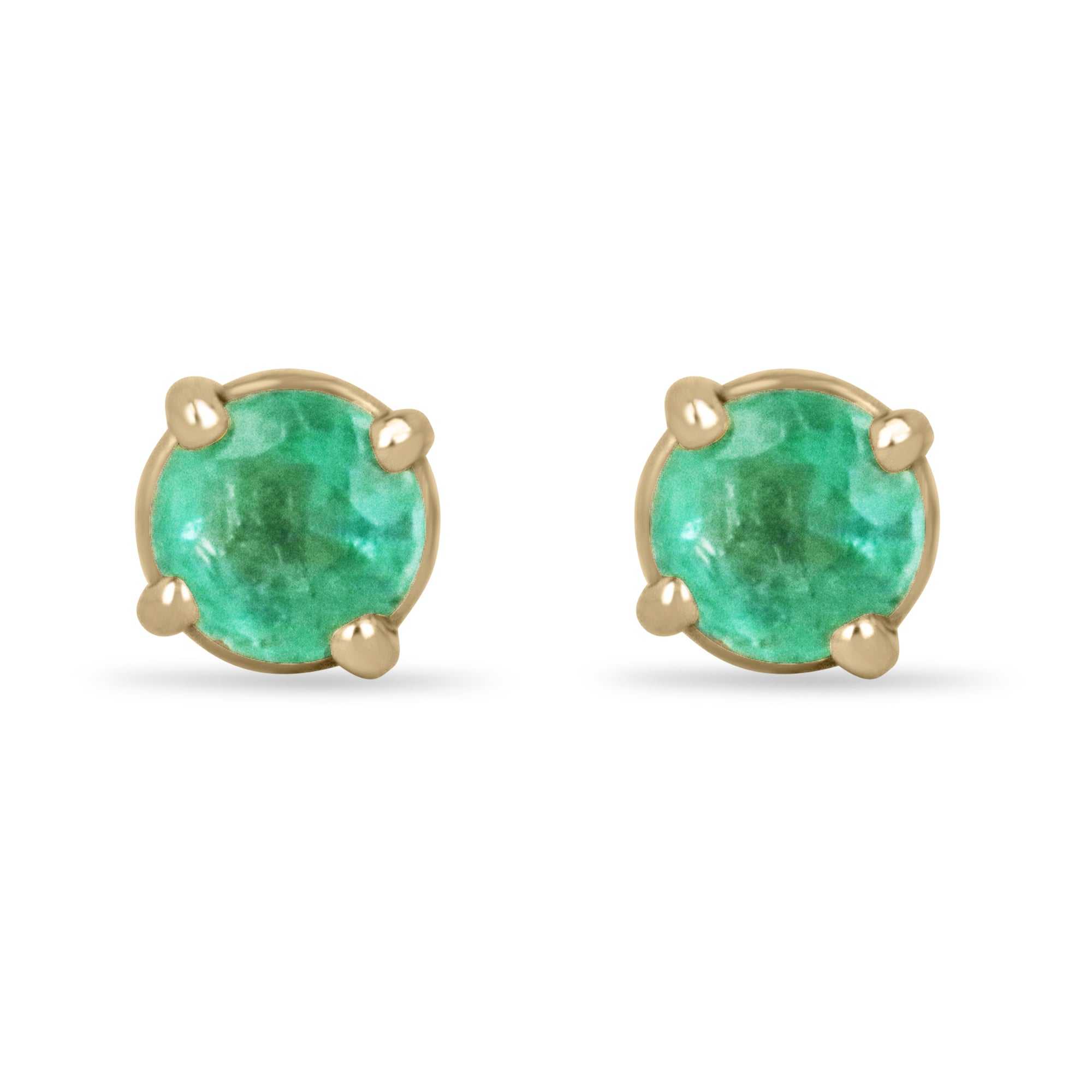 0.32tcw petite natural round emerald stud earrings set in 14K yellow gold four-prong mount