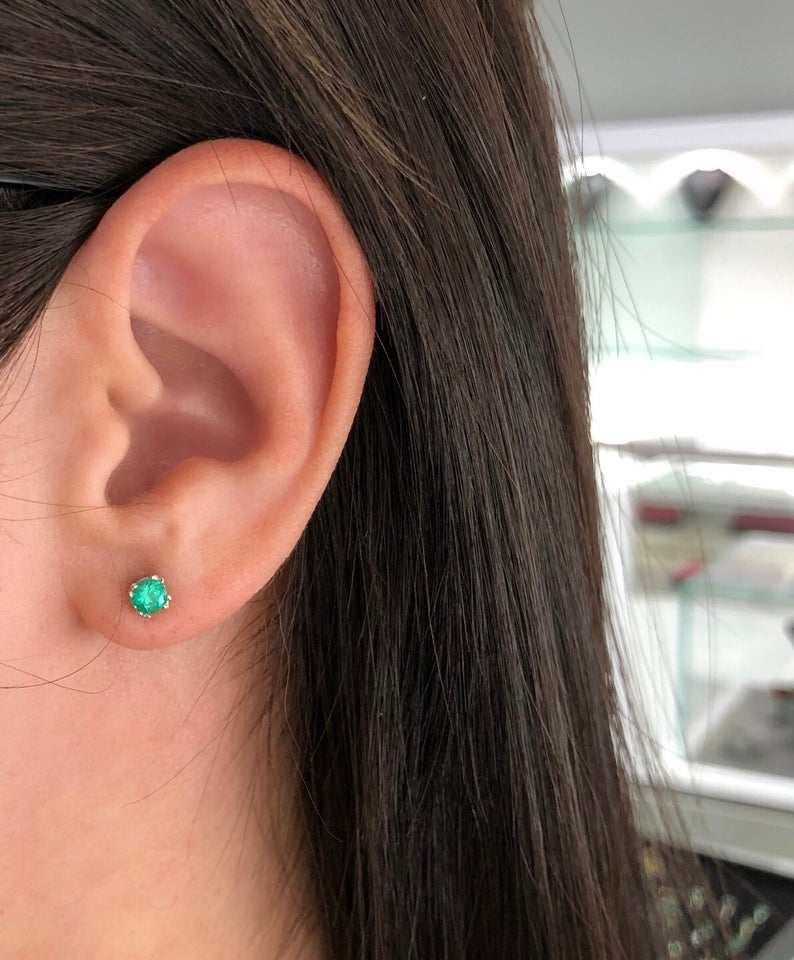 14K yellow gold round natural emerald stud earrings with double prong setting, 0.45tcw from JR Colombian Emeralds.