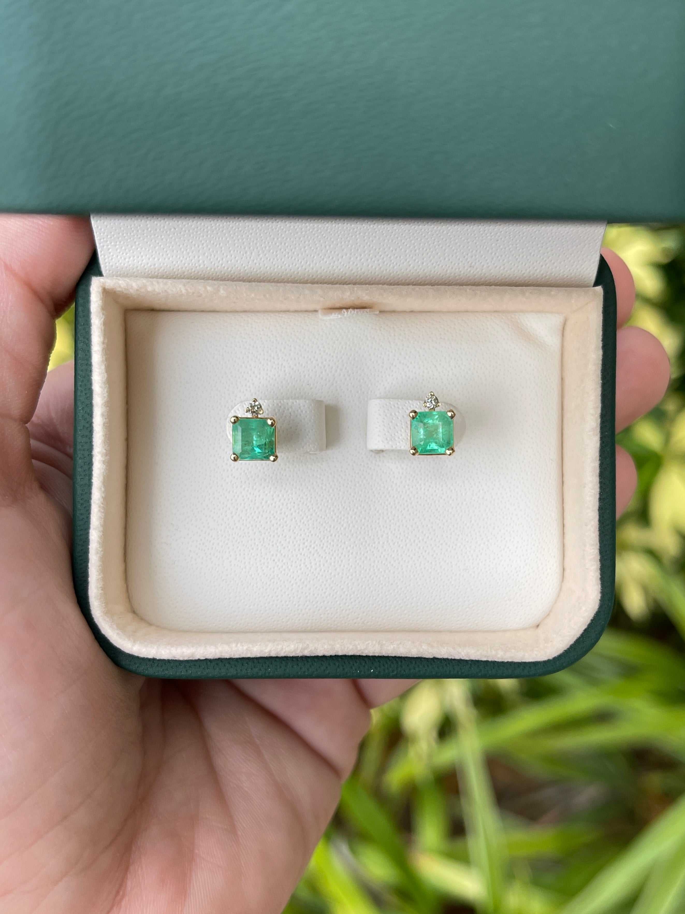 JR Colombian Emeralds 14K gold stud earrings with 2.07tcw natural emeralds and diamond accents, showcasing elegant jewelry design.