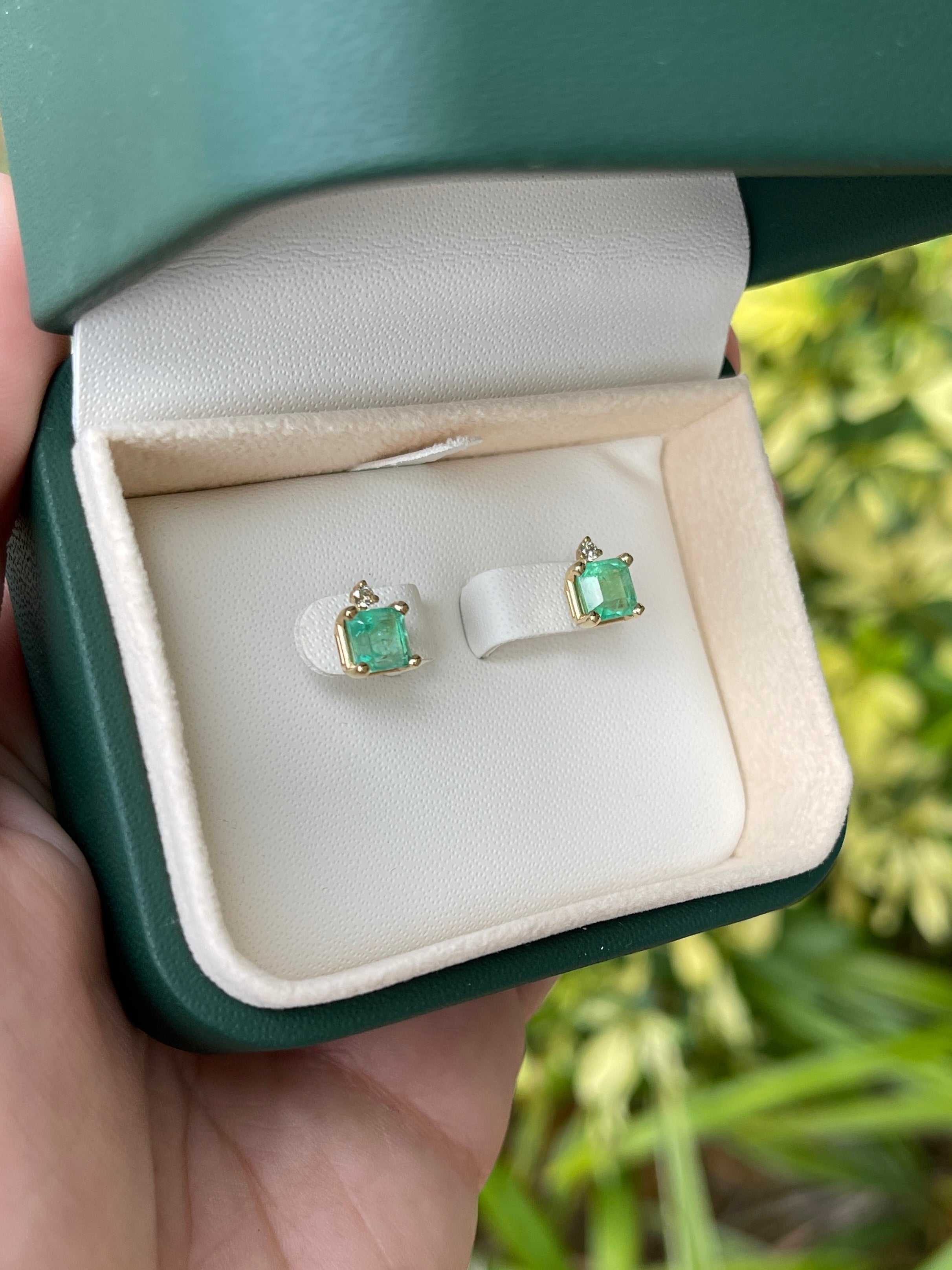 14K yellow gold stud earrings with 2.07ctw natural emeralds and diamond accents by JR Colombian Emeralds