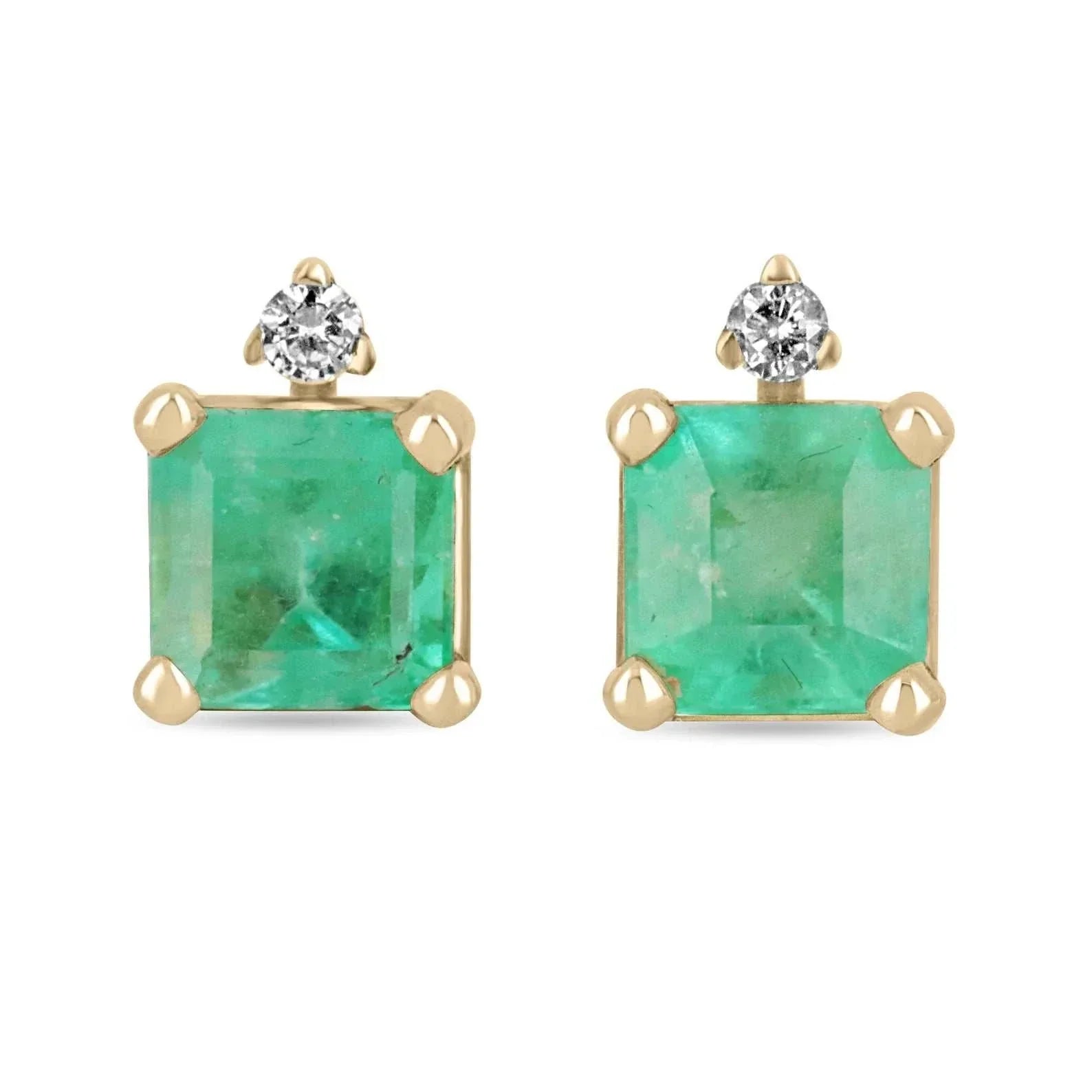 Natural emerald and diamond accent stud earrings in 14K yellow gold with asscher-cut emeralds and round brilliant diamonds