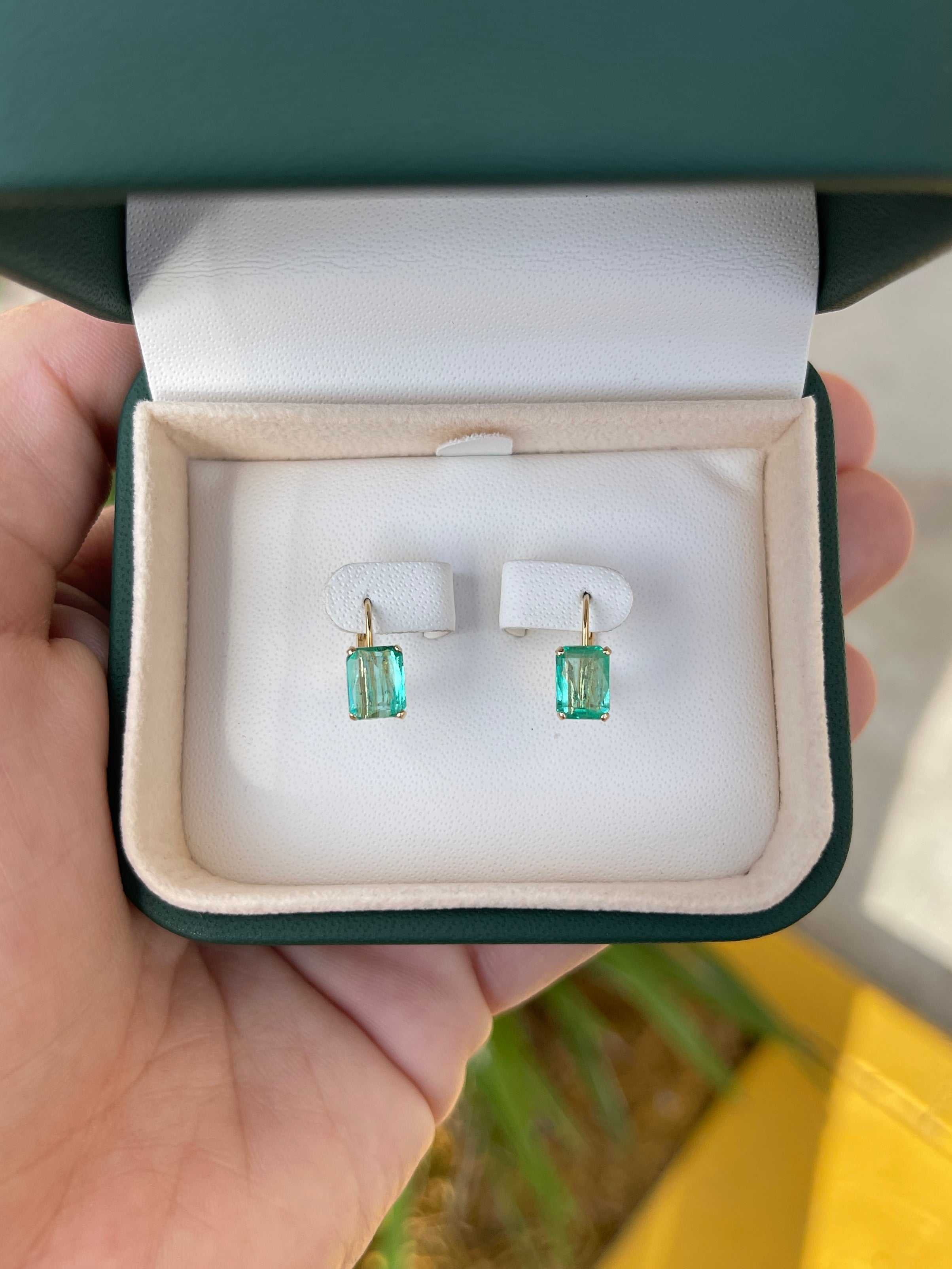Transparent emerald cut Colombian emerald leverback earrings with 14K gold and 2.41 carats from JR Colombian Emeralds.