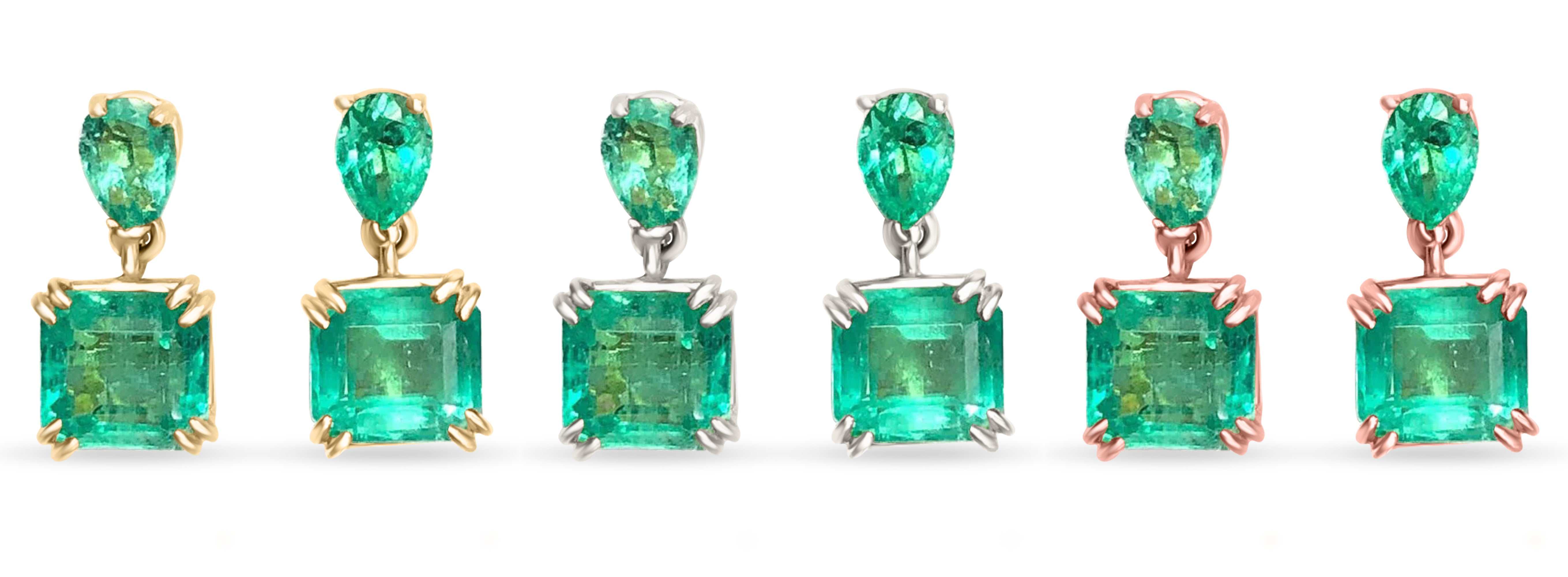 3.40tcw Classy Emerald Emerald Cut & Pear Dangle Earrings 14K - JR Colombian Emeralds