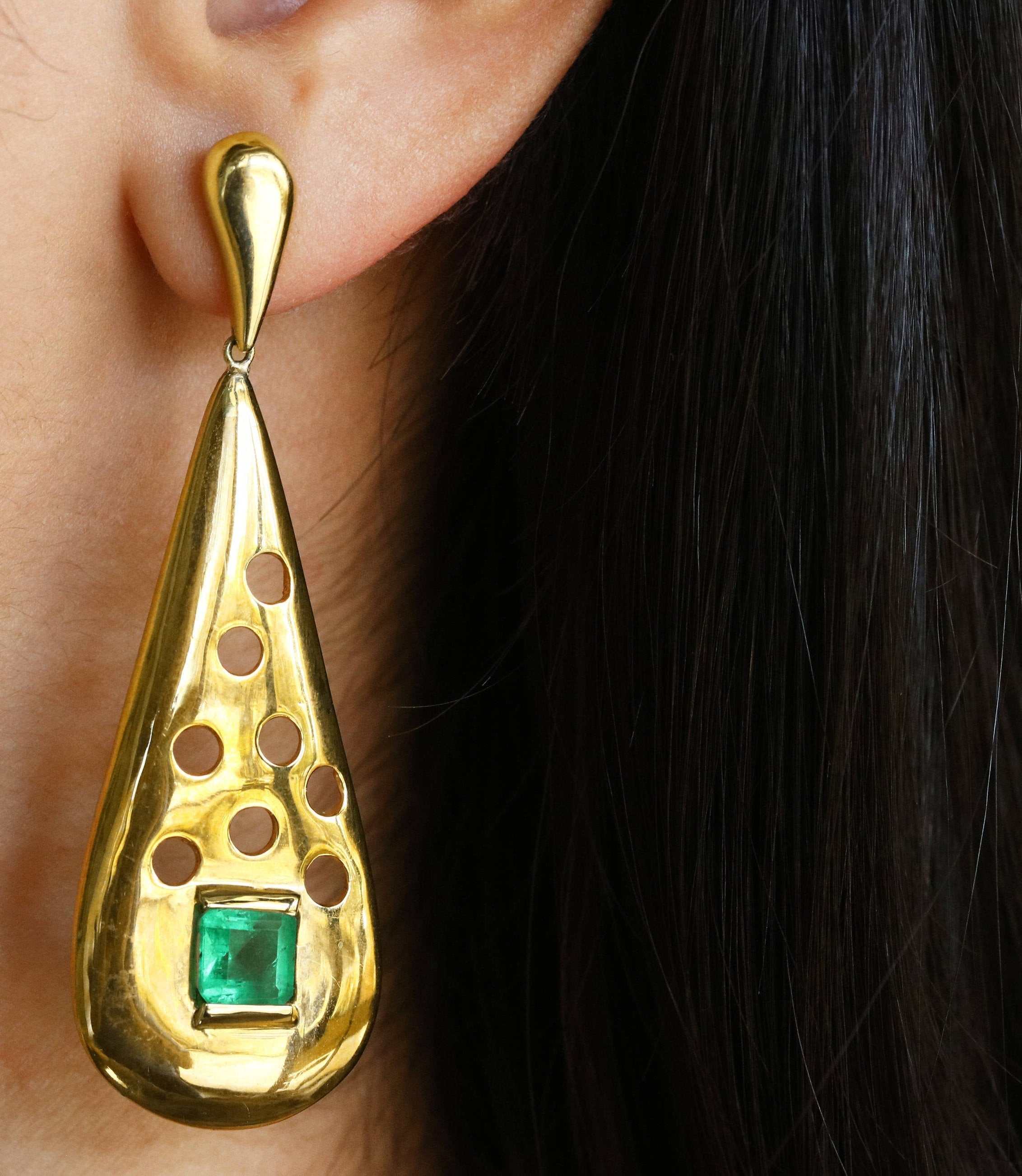 3.76tcw Hand Made Natural Square Cut Green Emerald Dangle Earrings 14K