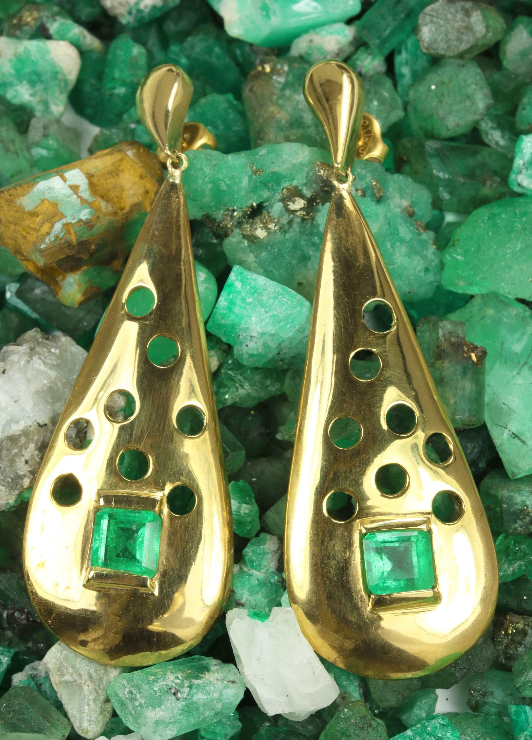 3.76tcw Hand Made Natural Square Cut Green Emerald Dangle Earrings 14K