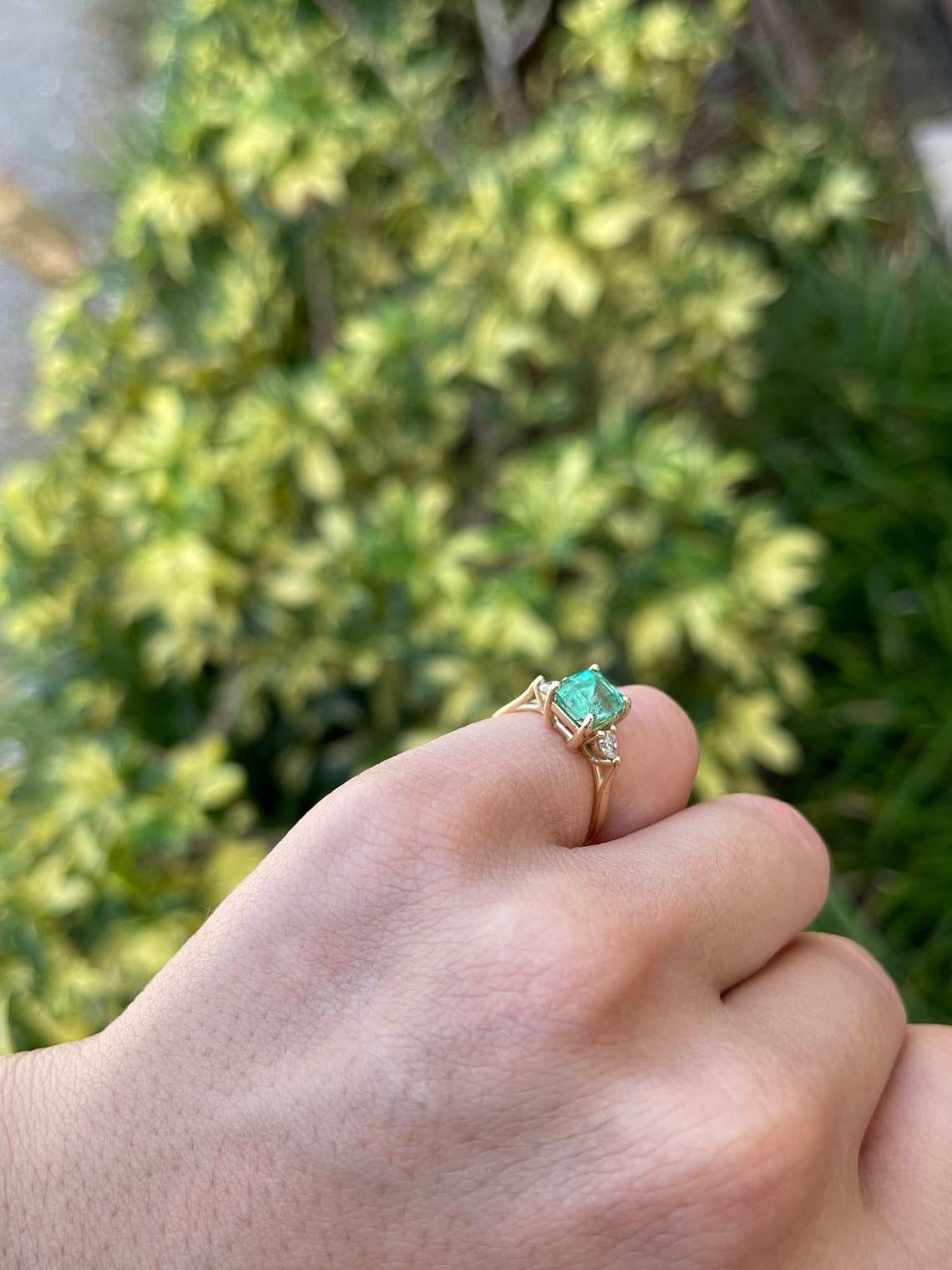 1.59tcw Emerald Three Stone Pear Diamond Ring Yellow Gold 14K