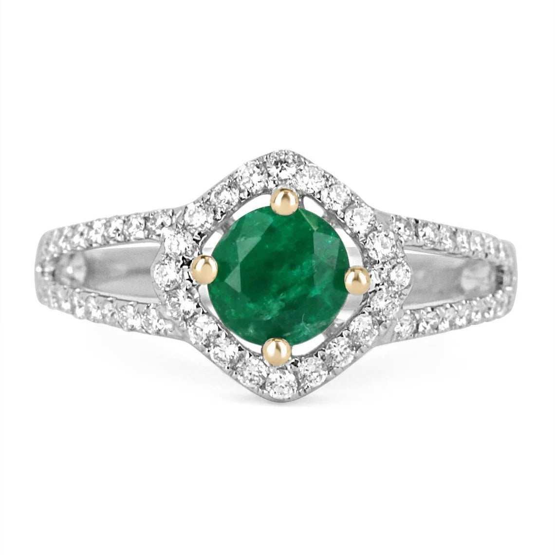 JR Colombian Emeralds engagement ring featuring a 1.39tcw split shank emerald and diamond halo design.