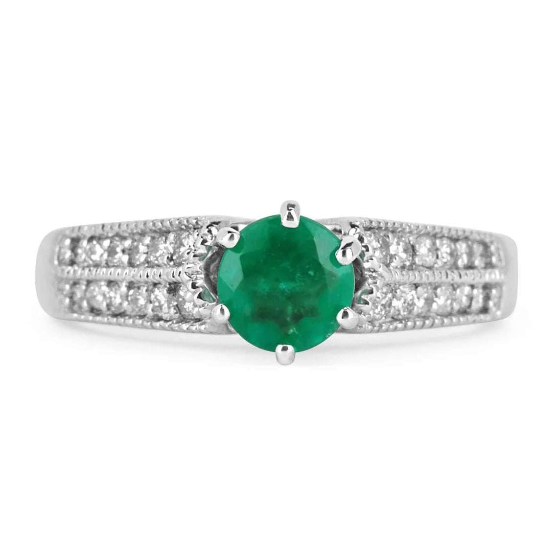 0.93tcw Colombian Emerald & Double Row Diamond Shank Engagement Ring 14K