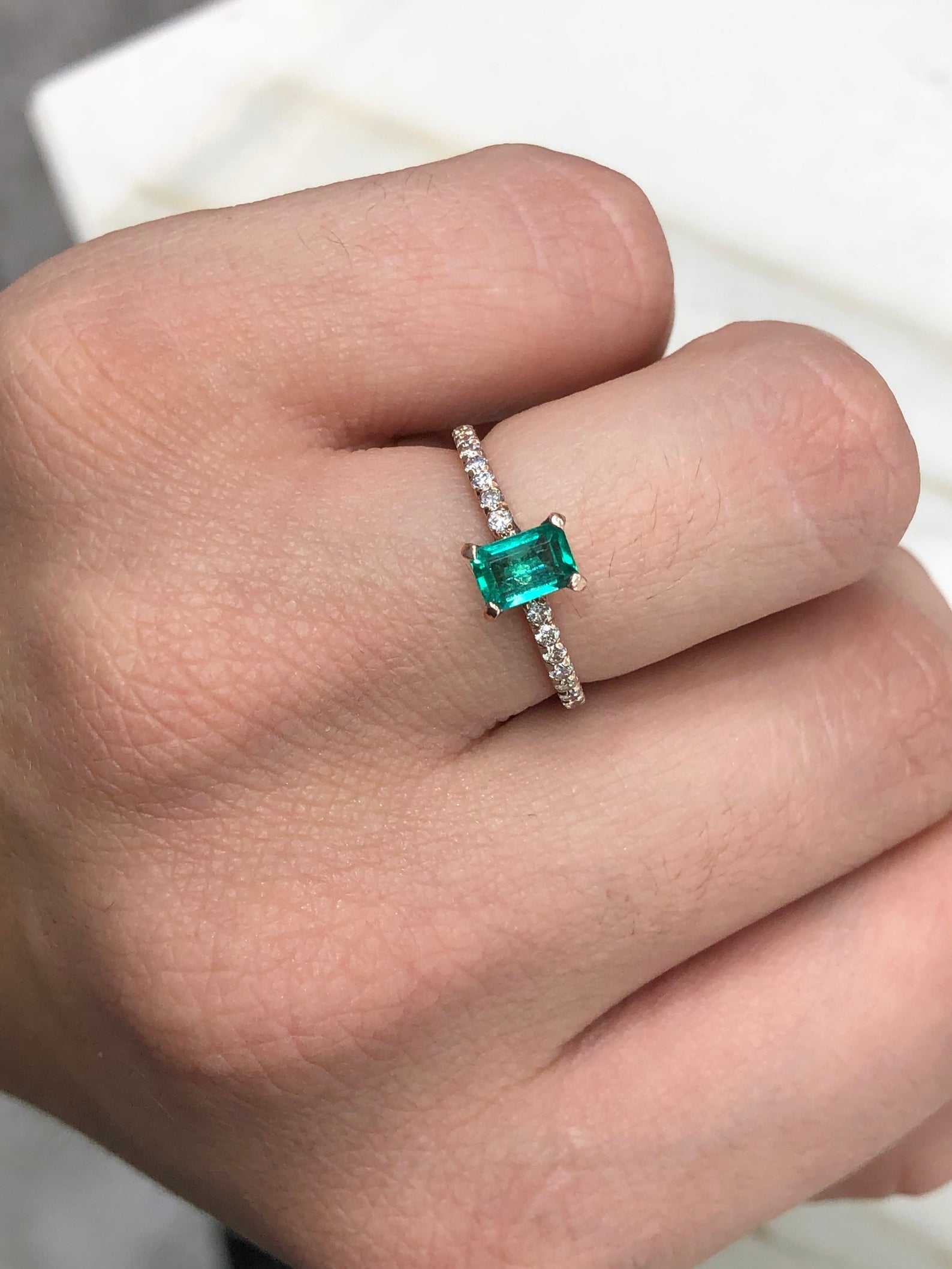 1.10tcw Dainty Solitaire Emerald & Diamond Accent Rose Gold Ring 14K