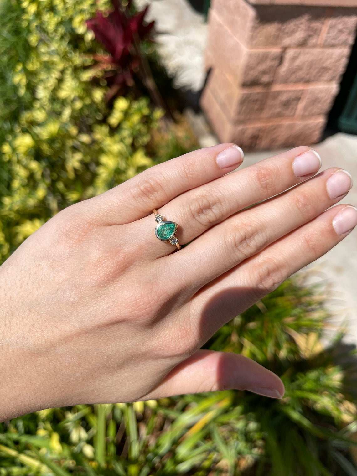 1.20tcw Bezel Set Tear Drop Natural Emerald & Diamond Modern Three Stone Ring 14k