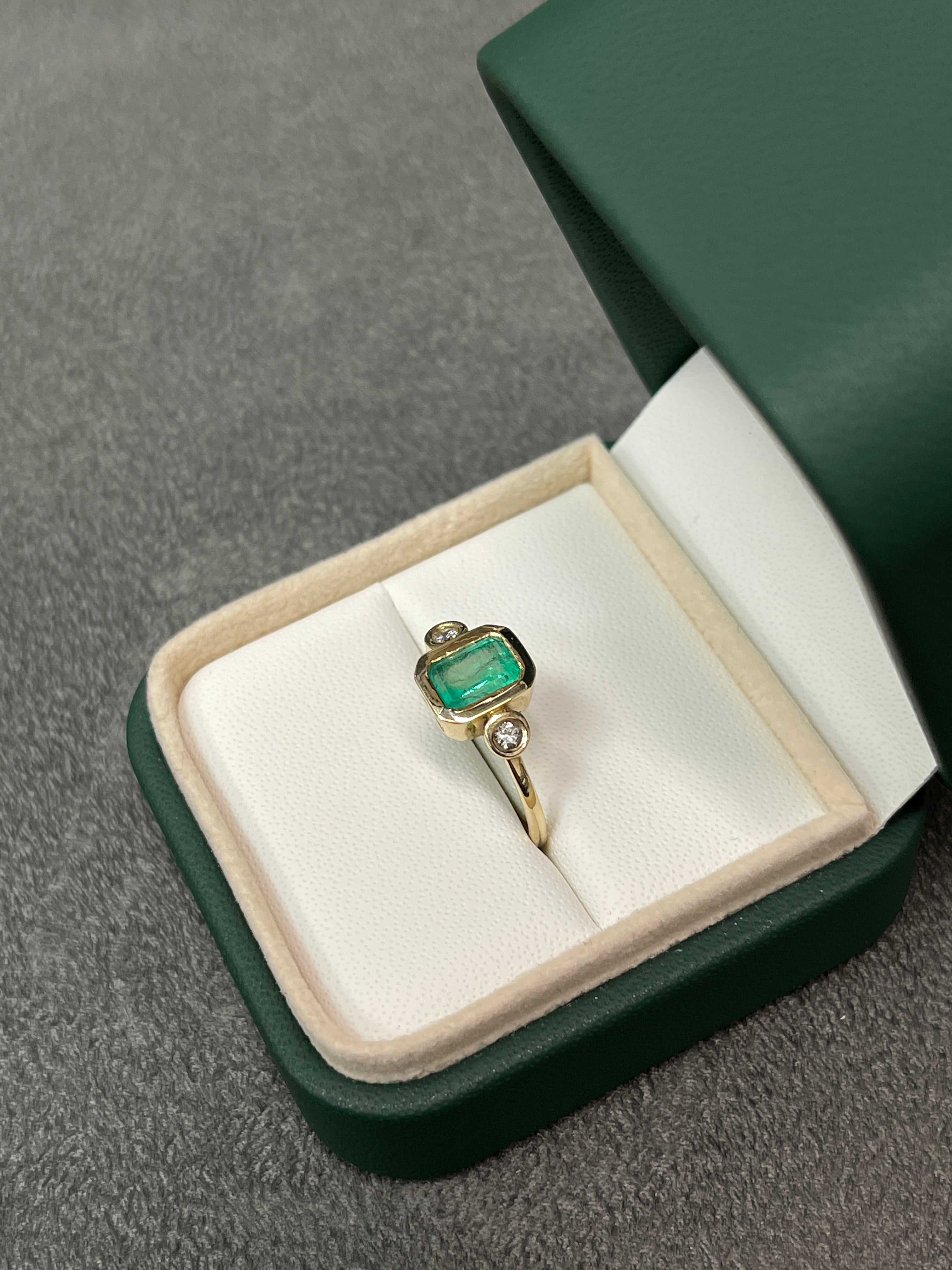 1.20tcw Bezel Set Three Stone Emerald & Diamond Ring 14K