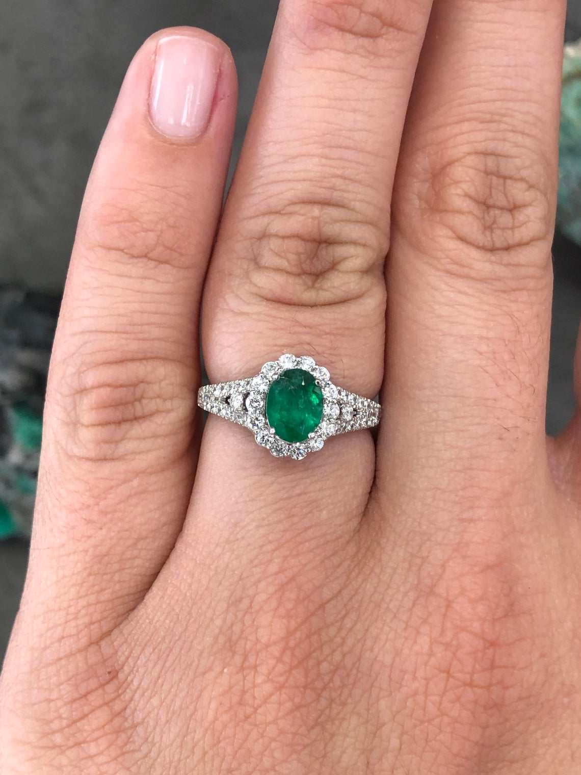1.30tcw Oval Emerald & Diamond Halo Statement Ring 14K