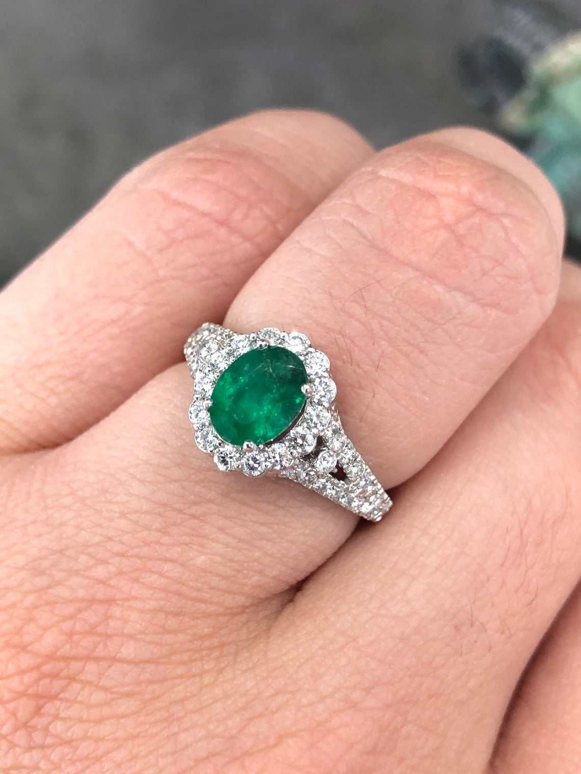 1.30tcw Oval Emerald & Diamond Halo Statement Ring 14K