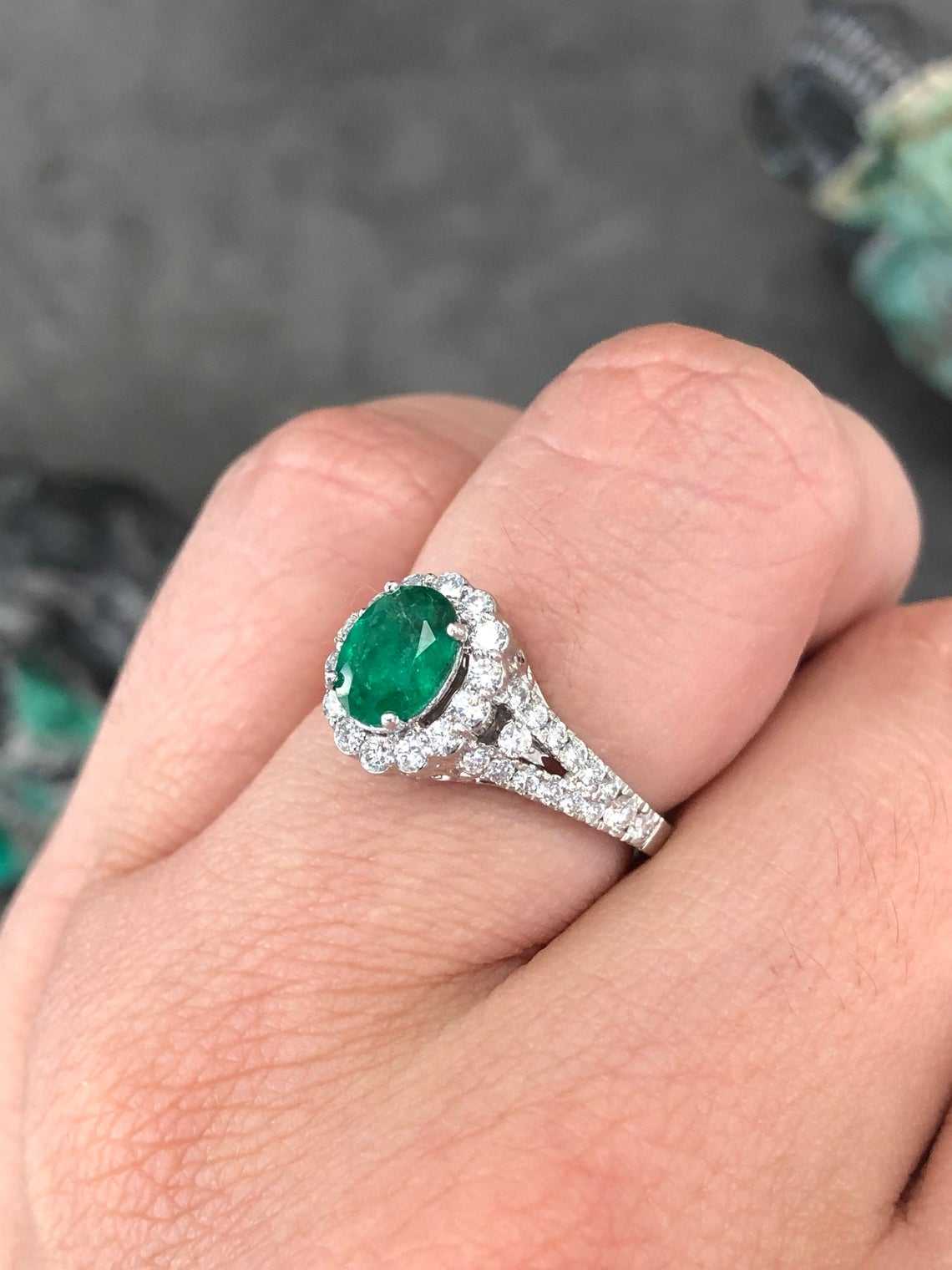 1.30tcw Oval Emerald & Diamond Halo Statement Ring 14K