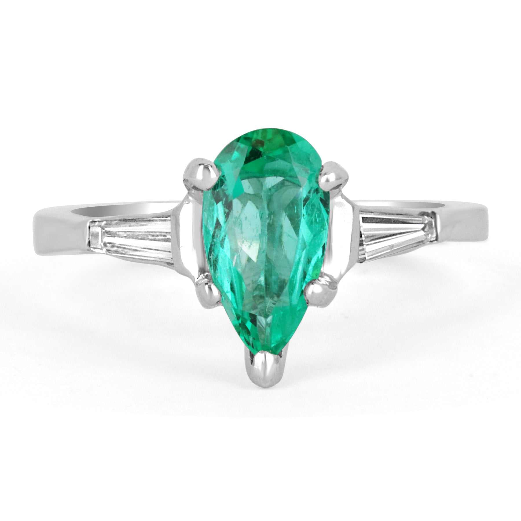 18K gold engagement ring with a 1.49 carat pear-shaped Colombian emerald and tapered baguette diamonds by JR Colombian Emeralds.