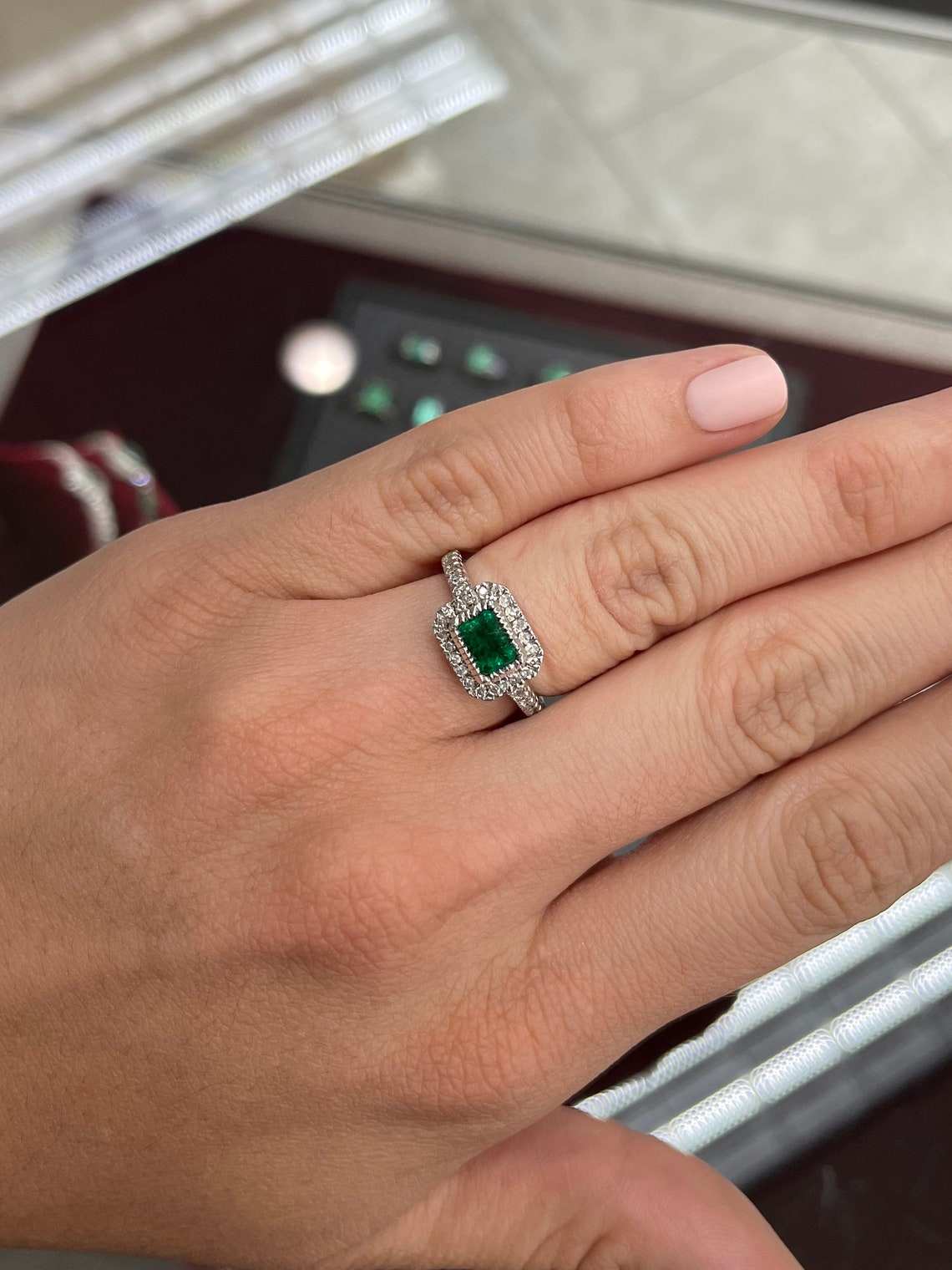 East To West Emerald & Diamond Halo