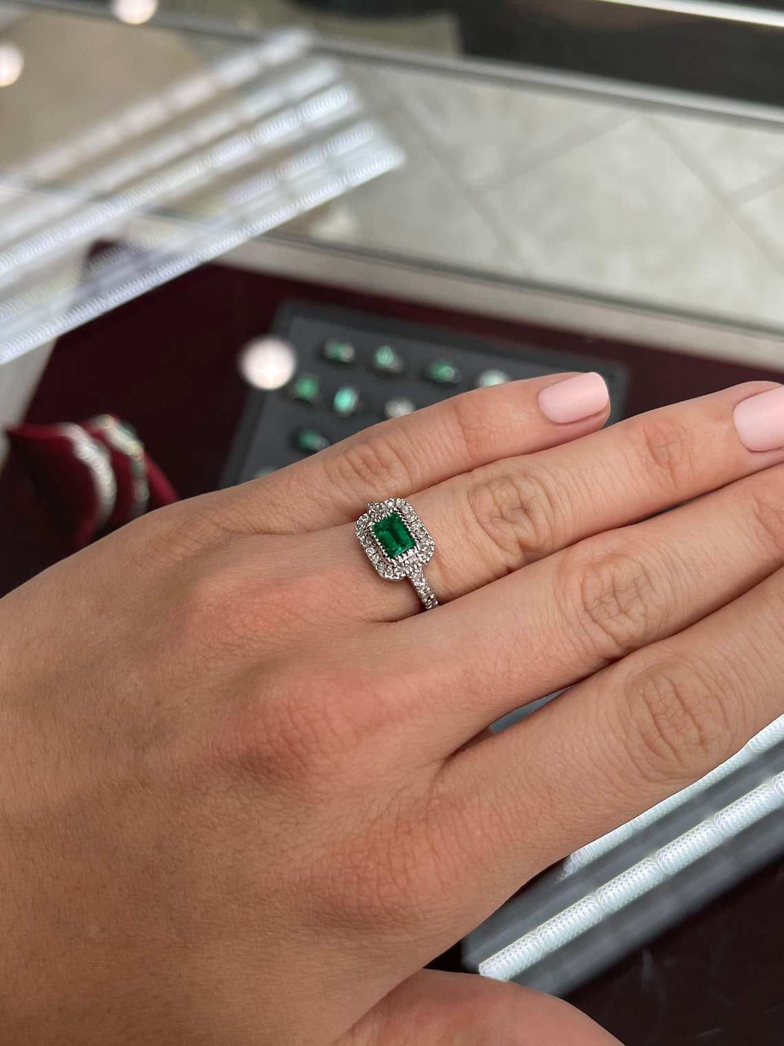 1.70tcw East To West Emerald & Diamond Halo Engagement Ring 14K White