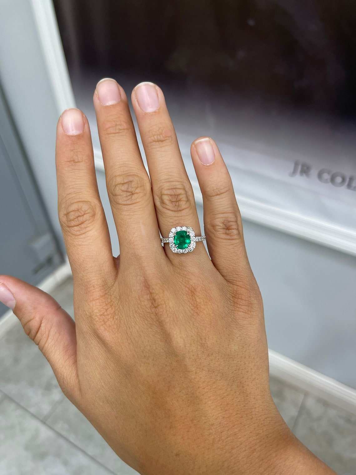 Natural emerald and diamond halo engagement ring in 14K gold, featuring a 2.31tcw emerald and diamond accents by JR Colombian Emeralds