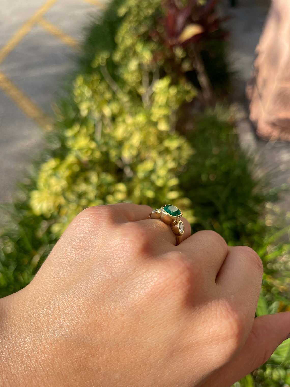 4.02tcw 18K Three Stone Cushion Emerald & Diamond Ring