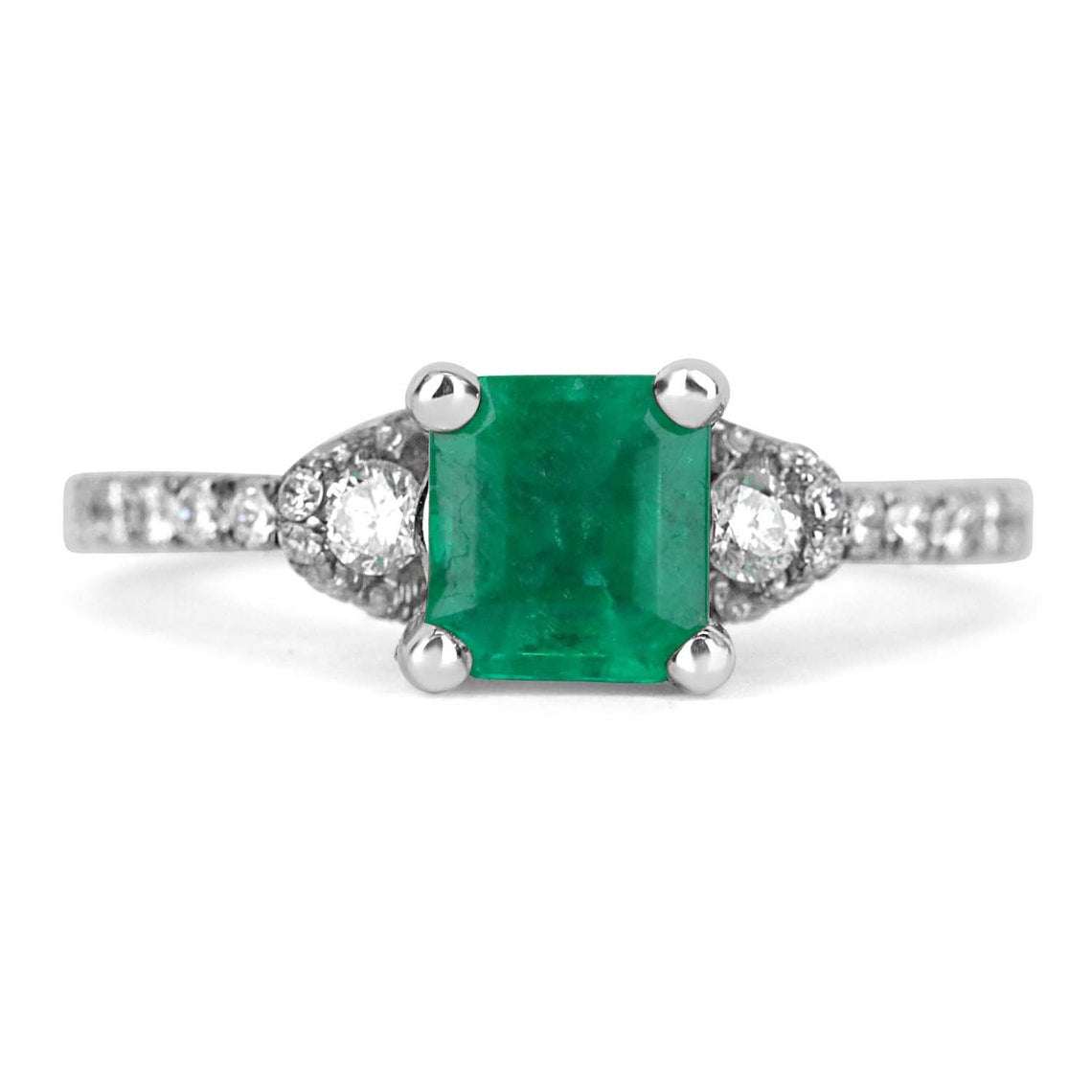 JR Colombian Emeralds AAA 1.68tcw emerald solitaire engagement ring with diamond accents in 14K gold, showcasing a central emerald gemstone.