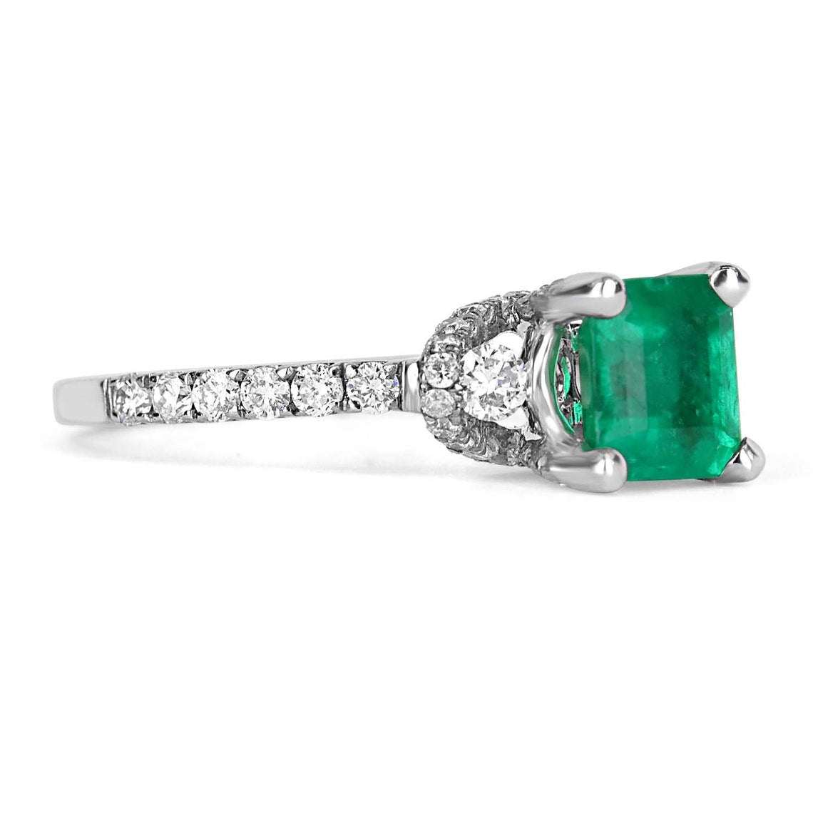 JR Colombian Emeralds AAA 1.68tcw emerald solitaire engagement ring with diamond accents in 14K gold.