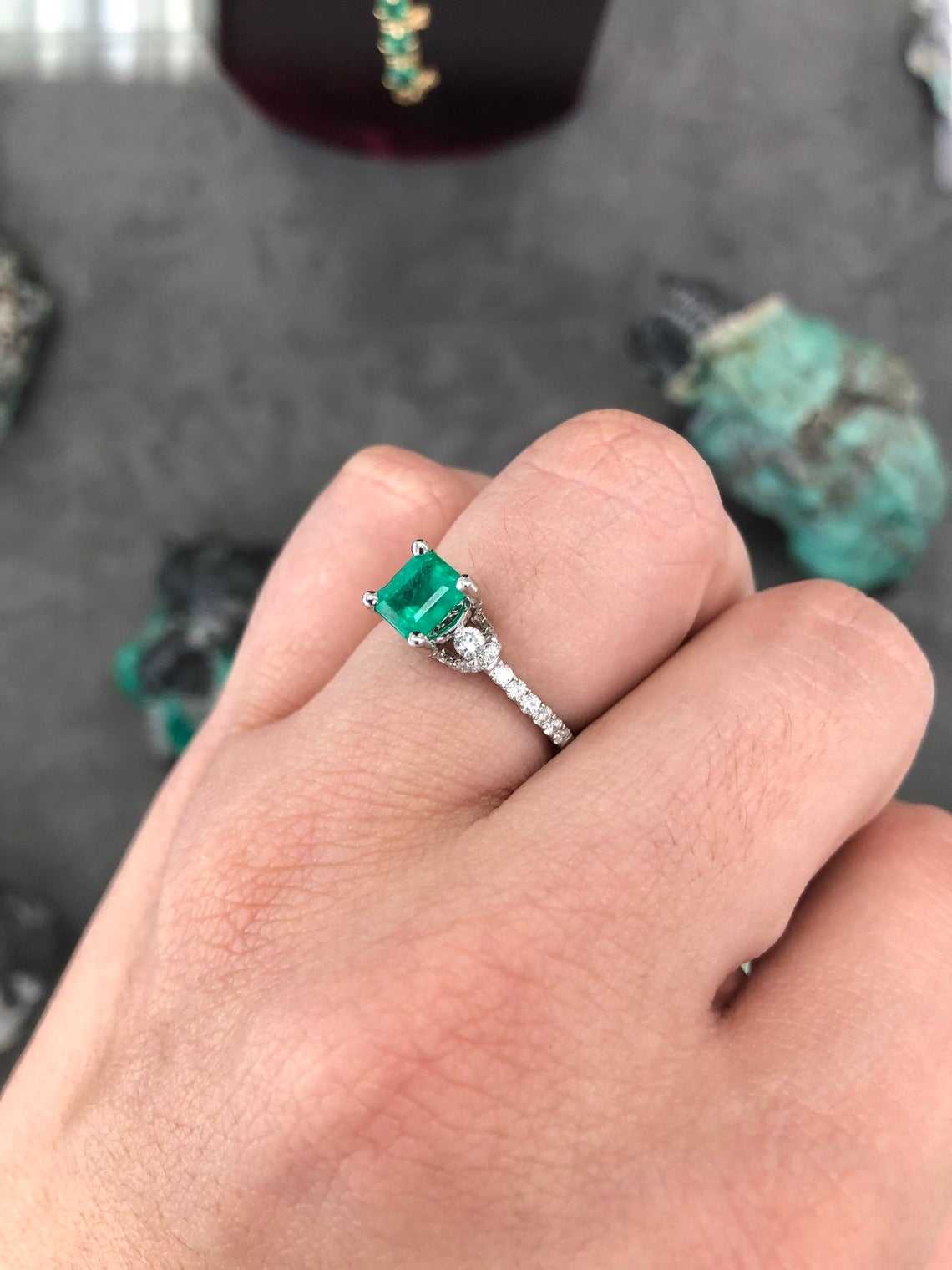 JR Colombian Emeralds AAA 1.68tcw emerald solitaire engagement ring with diamond accents in 14K gold, showcasing a beautiful central emerald.