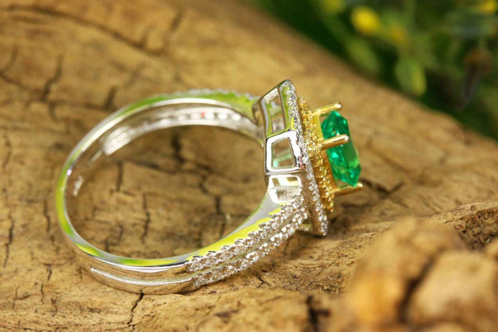 1.50tcw Emerald & Fancy Yellow Diamond Ring Two-Toned 14K