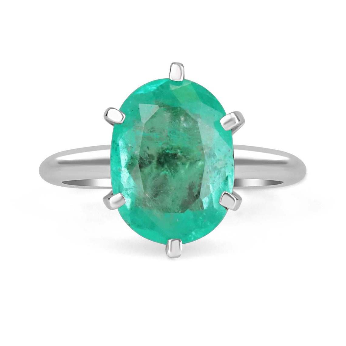 14K gold engagement ring with 3.20ct oval cut Colombian emerald solitaire, featuring a classic and elegant design.