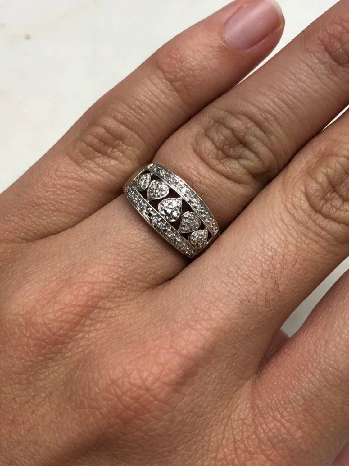 Diamond Heart Wide Wedding Band White Gold 14K BEST