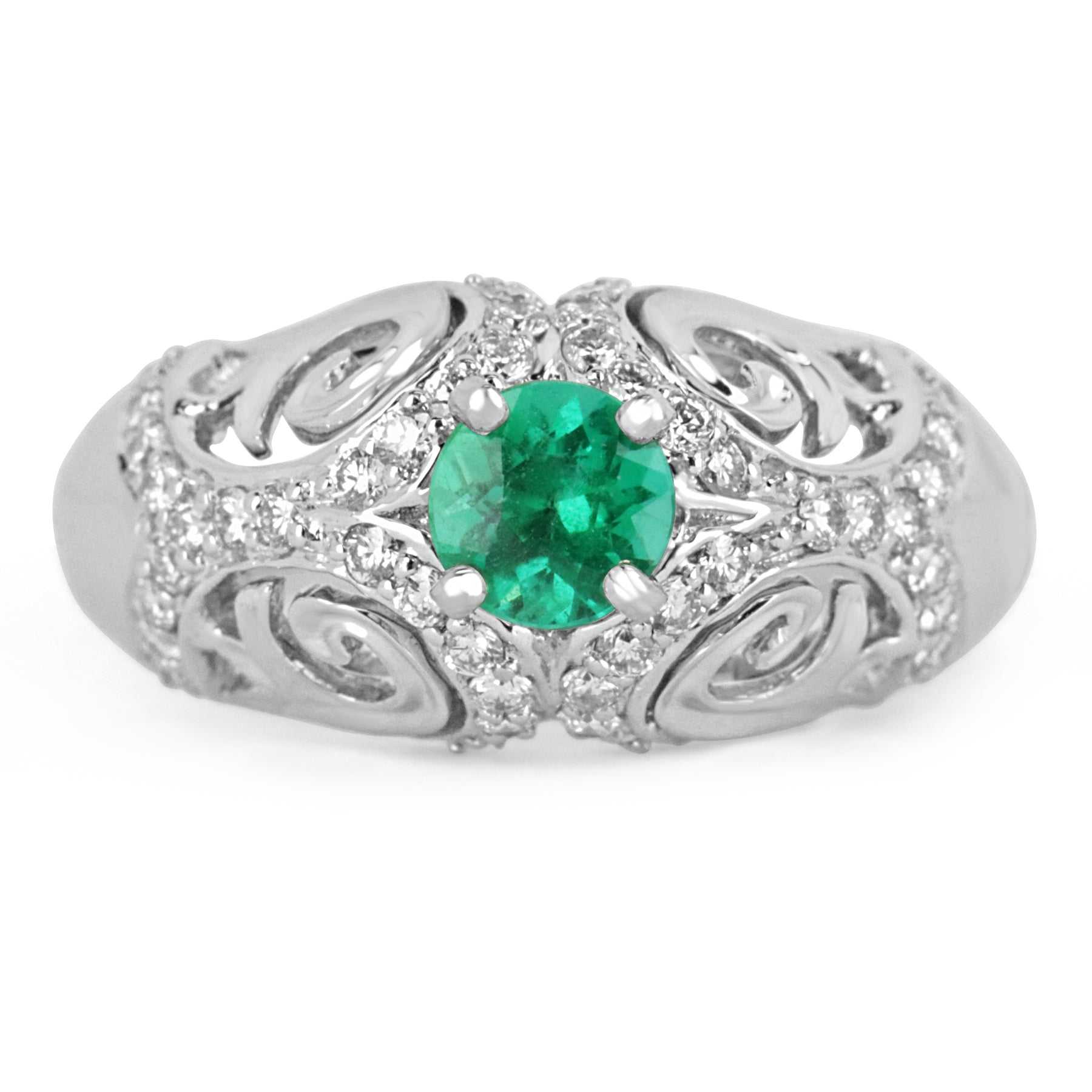 Ladies 14K gold emerald engagement ring with 0.83ct natural emerald, halo of pave diamonds, round cut, by JR Colombian Emeralds.